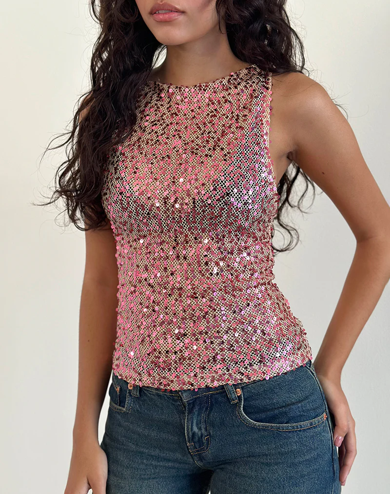 Dudley Vest Top in Sequin Mesh Rose Gold - Awmao