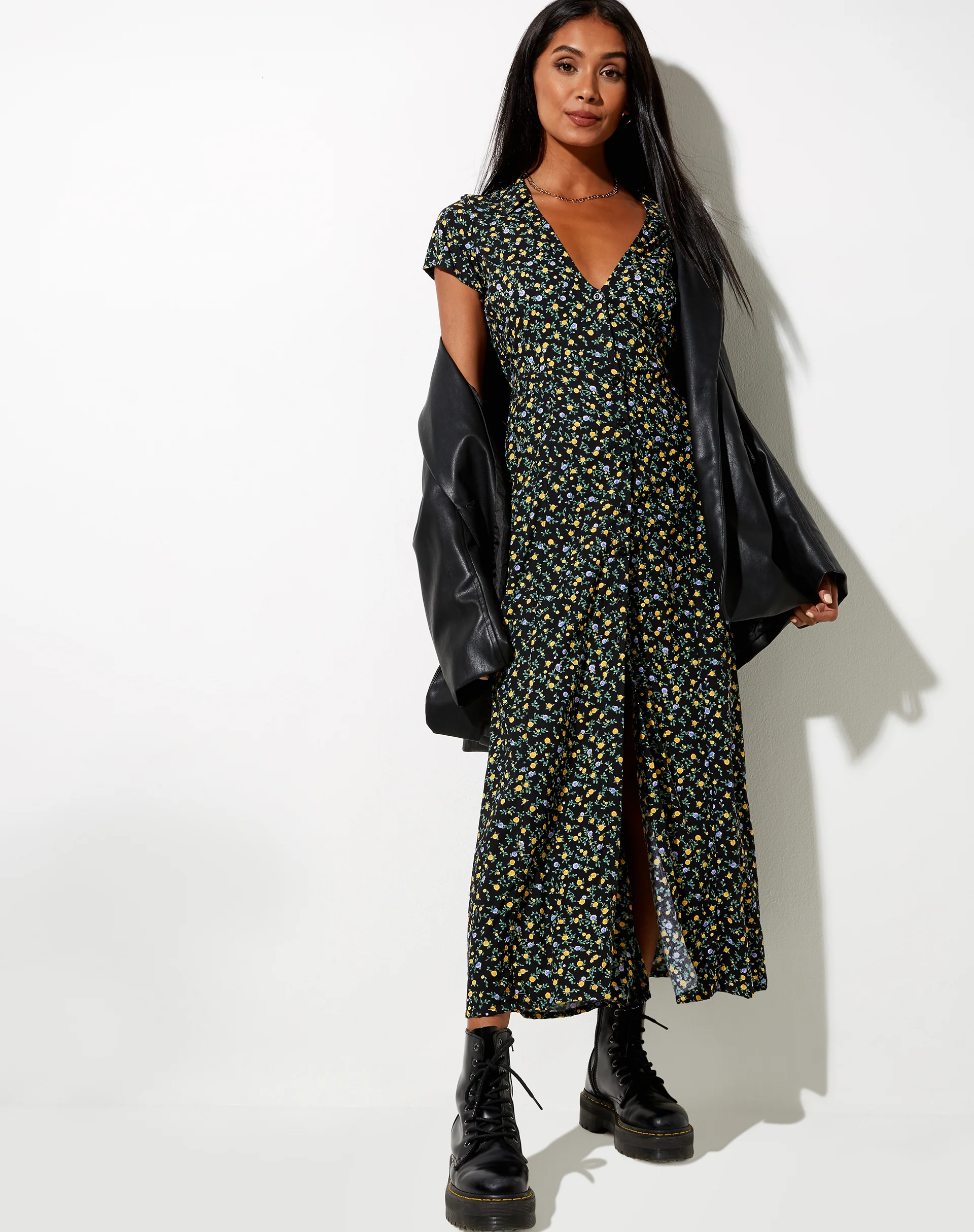 Salara Midi Dress in Flowing Flower Black - Awmao