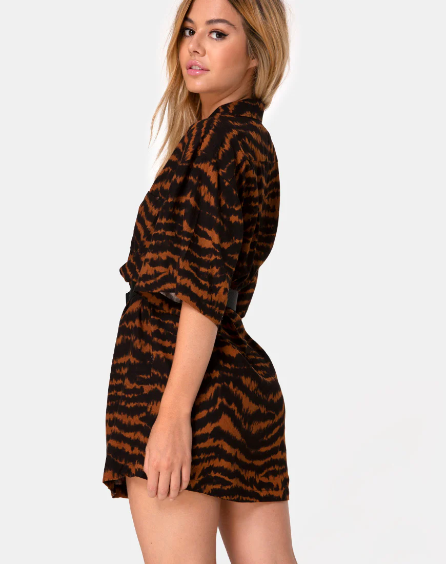 Fresia Mini Dress in Animal Drip Brown - Awmao