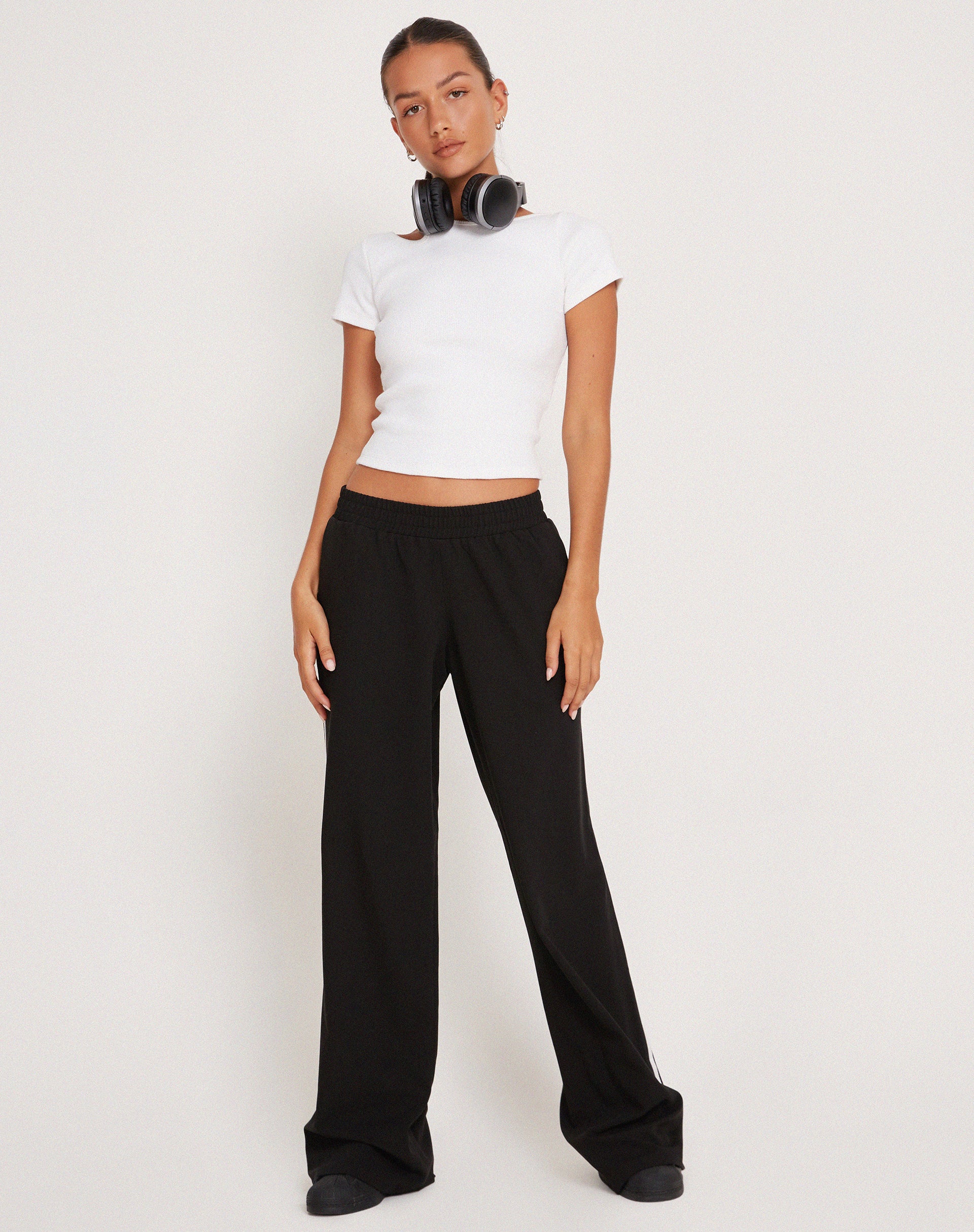Bennett Wide Leg Trouser in Tailoring Black with White Stripe - Awmao