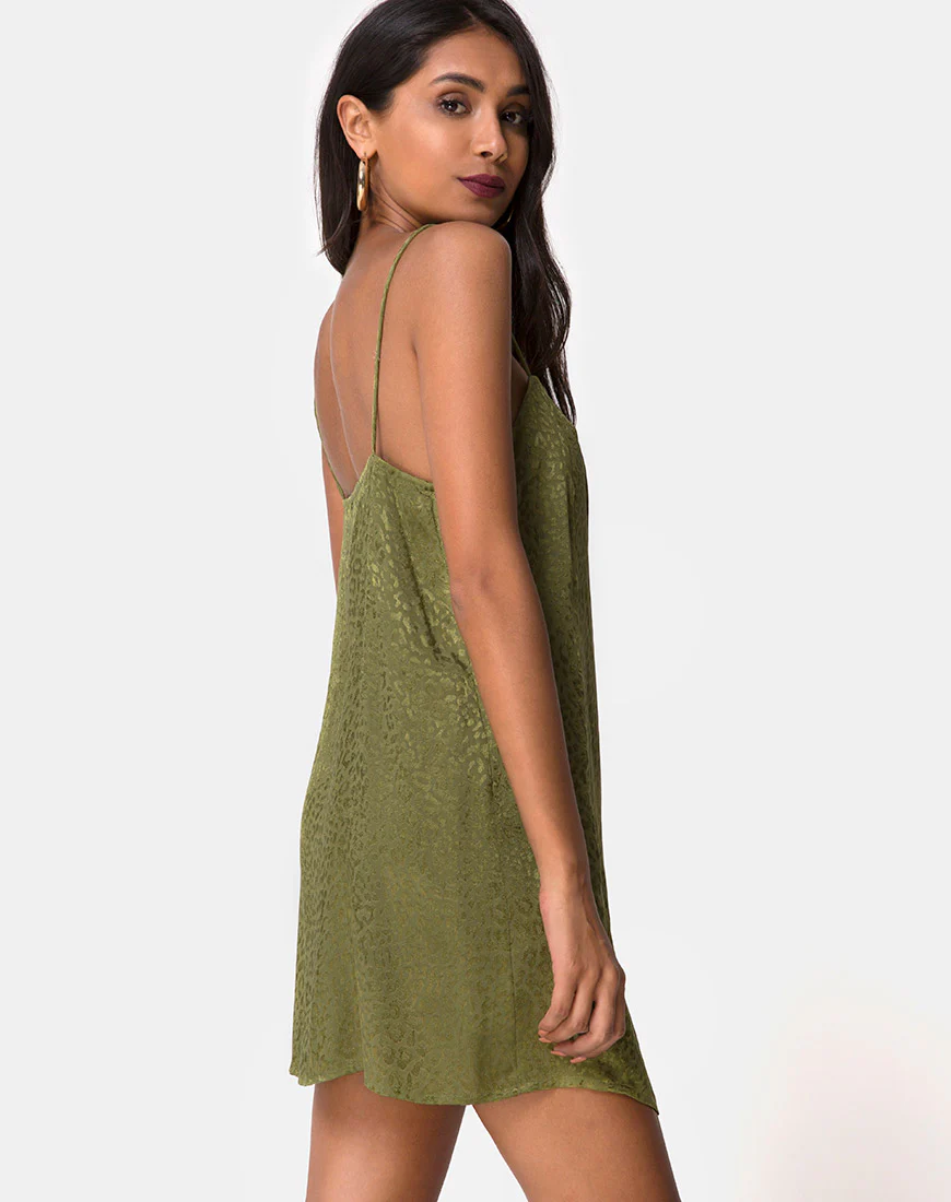 Datista Slip Dress in Satin Cheetah Khaki - Awmao