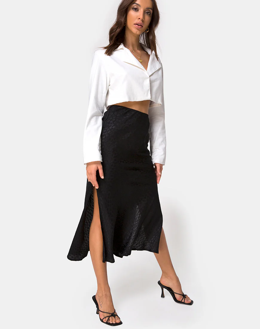 Tindra Midi Skirt in Satin Ditsy Rose Black - Awmao