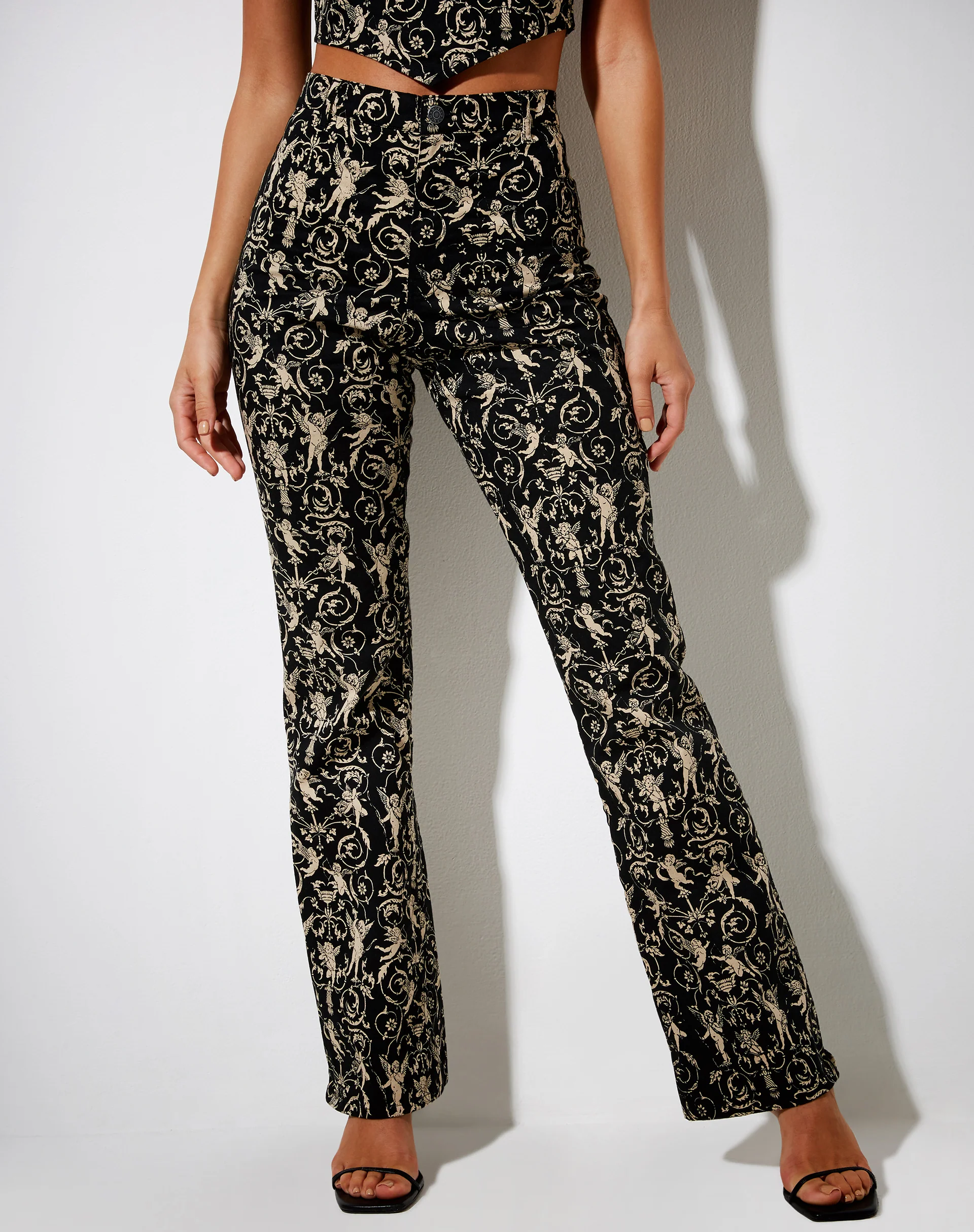 Zoven Flare Trouser in Baroque Cherub Black and Gold - Awmao
