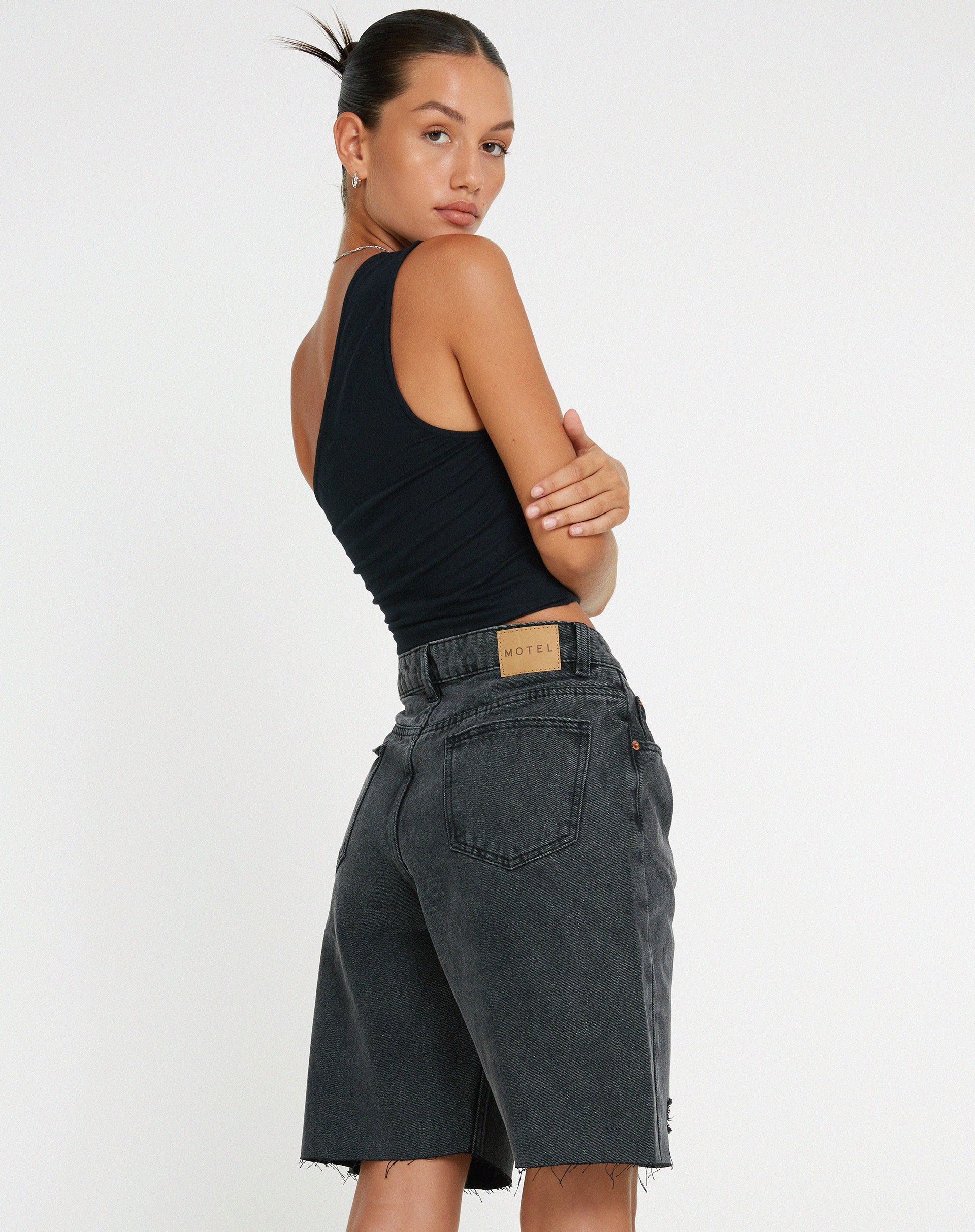 Longline Dad Denim Shorts in Black Wash - Awmao