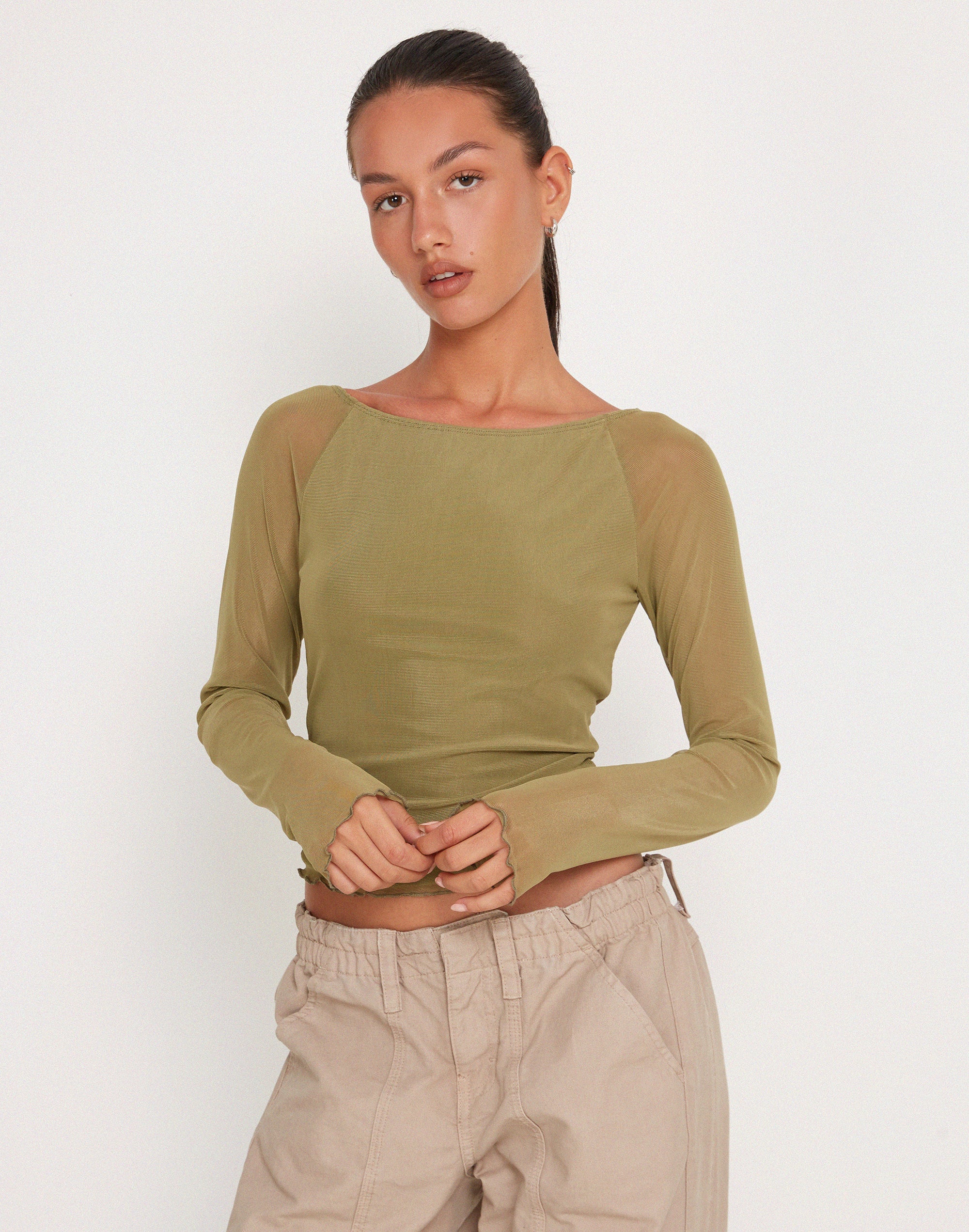 Mahira Long Sleeve Mesh Top in Olive - Awmao