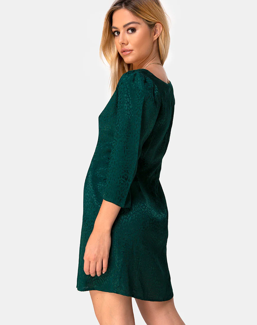 Dumia Mini Dress in Satin Cheetah Forest Green - Awmao