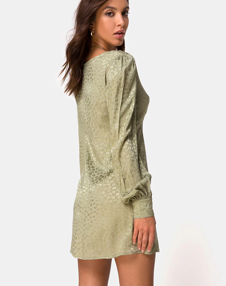 Flara Longsleeve Dress in Satin Ditsy Rose Sage - Awmao
