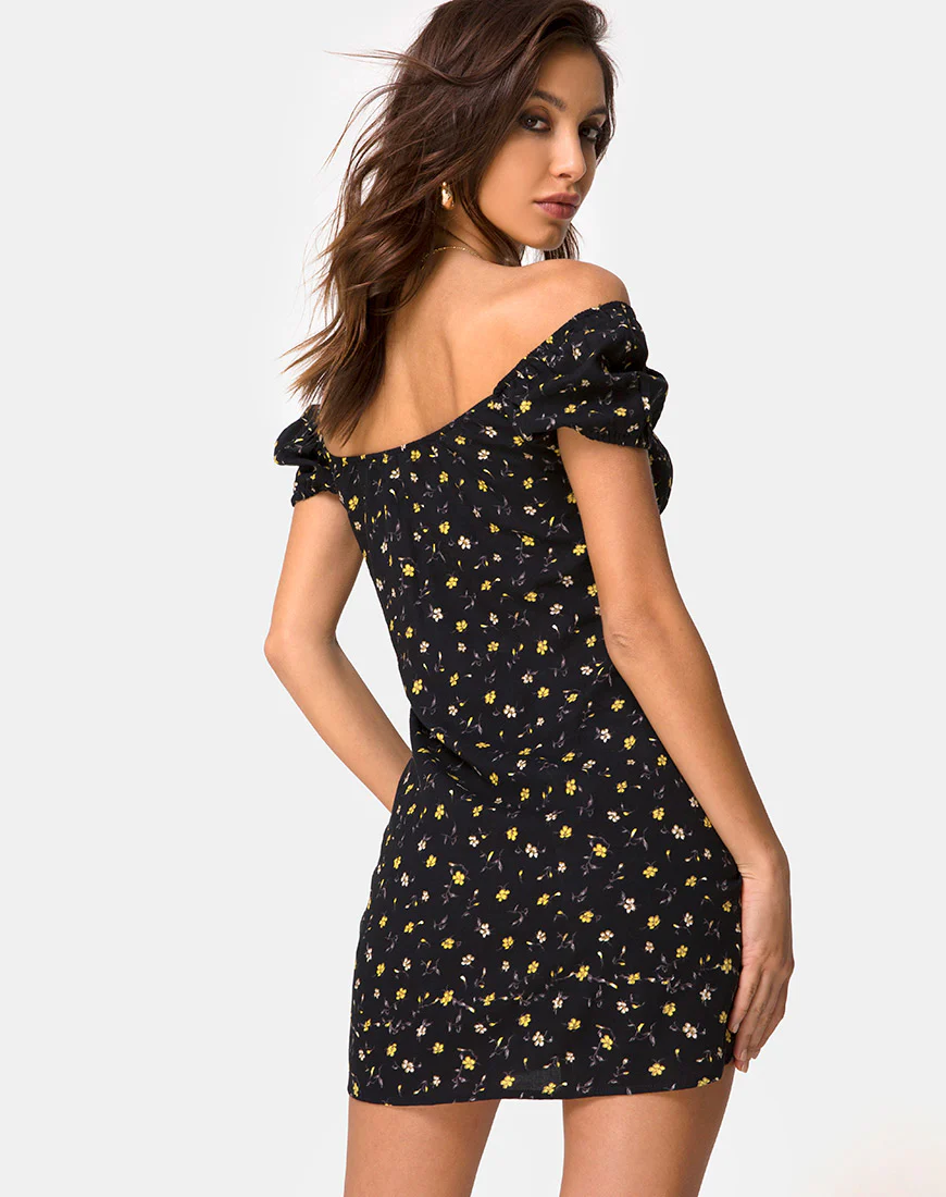 Zudema Mini Dress in Pretty Petal Black - Awmao