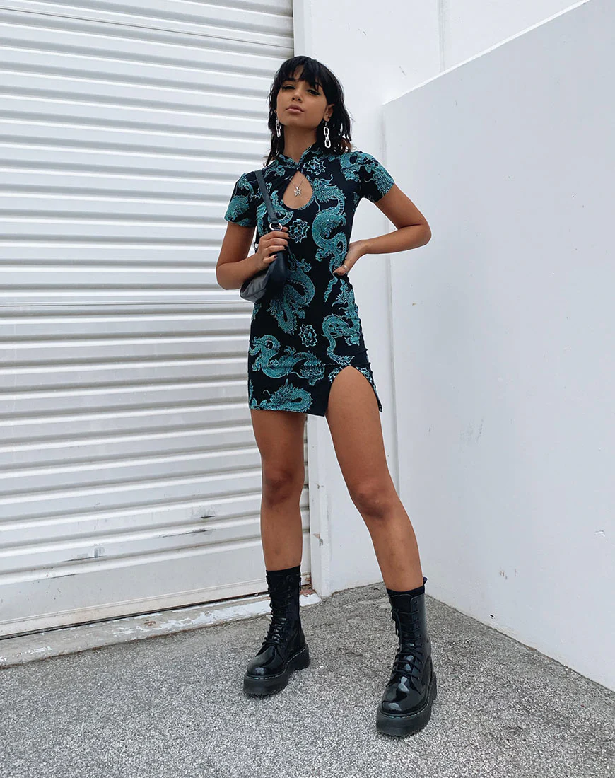 Marlin Bodycon Dress in Dragon Flower Black and Mint - Awmao