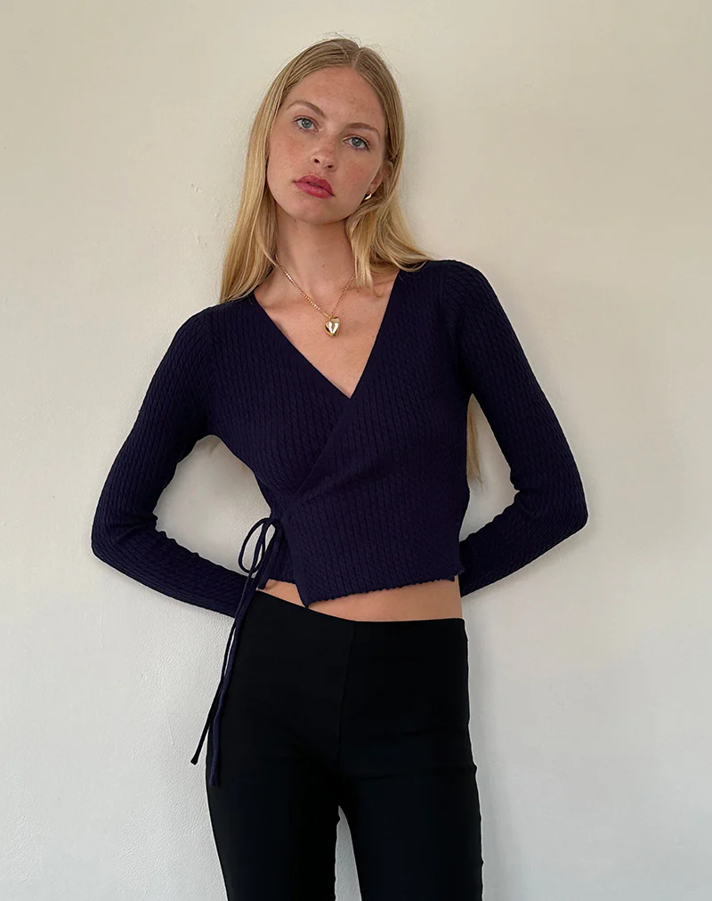 Gisela Knitted Wrap Cardigan in Midnight Blue - Awmao