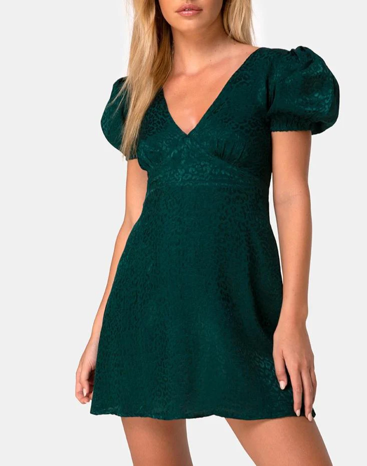 Elfy Mini Dress in Satin Cheetah Forest Green - Awmao