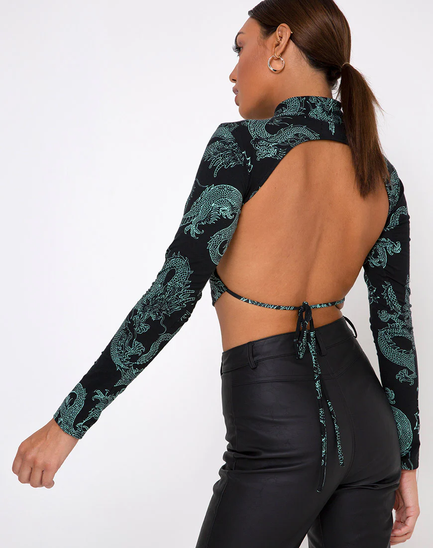 Quelia Top in Dragon Flower Black and Mint - Awmao