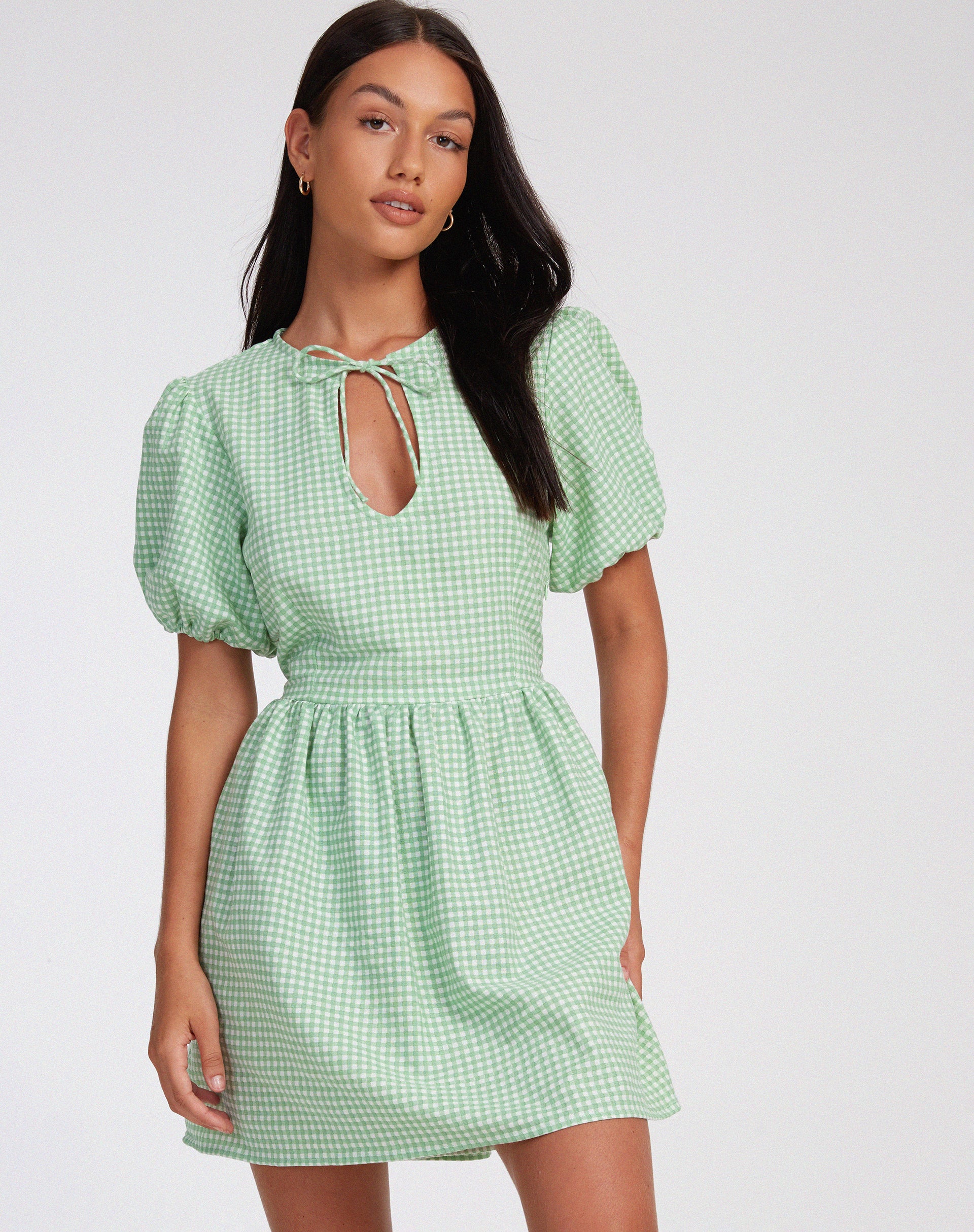 Sashio Mini Dress in Mini Gingham Green - Awmao