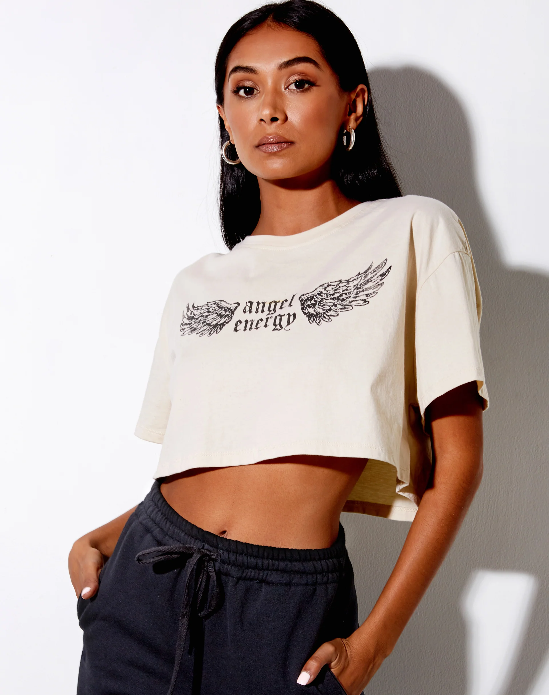 Georgi Cropped Tee in Stone 'Angel Energy' Wings - Awmao