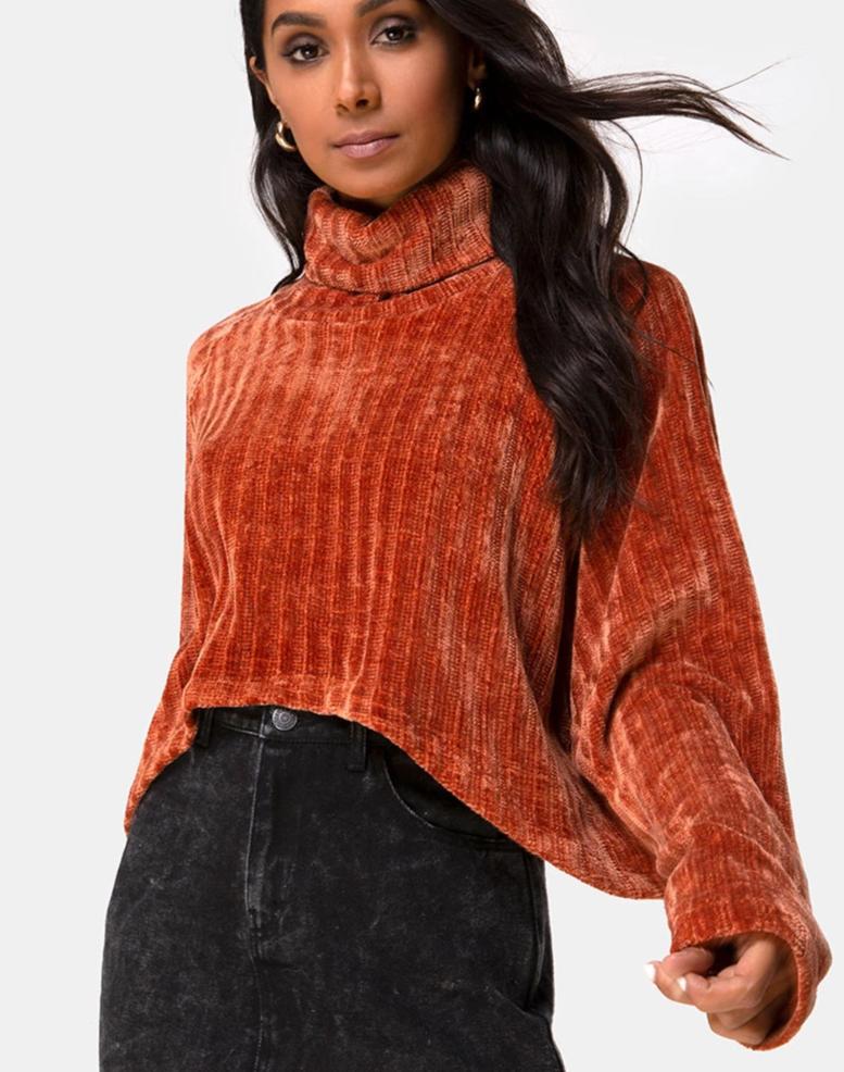 Evie Cropped Sweater in Rust Chenille - Awmao