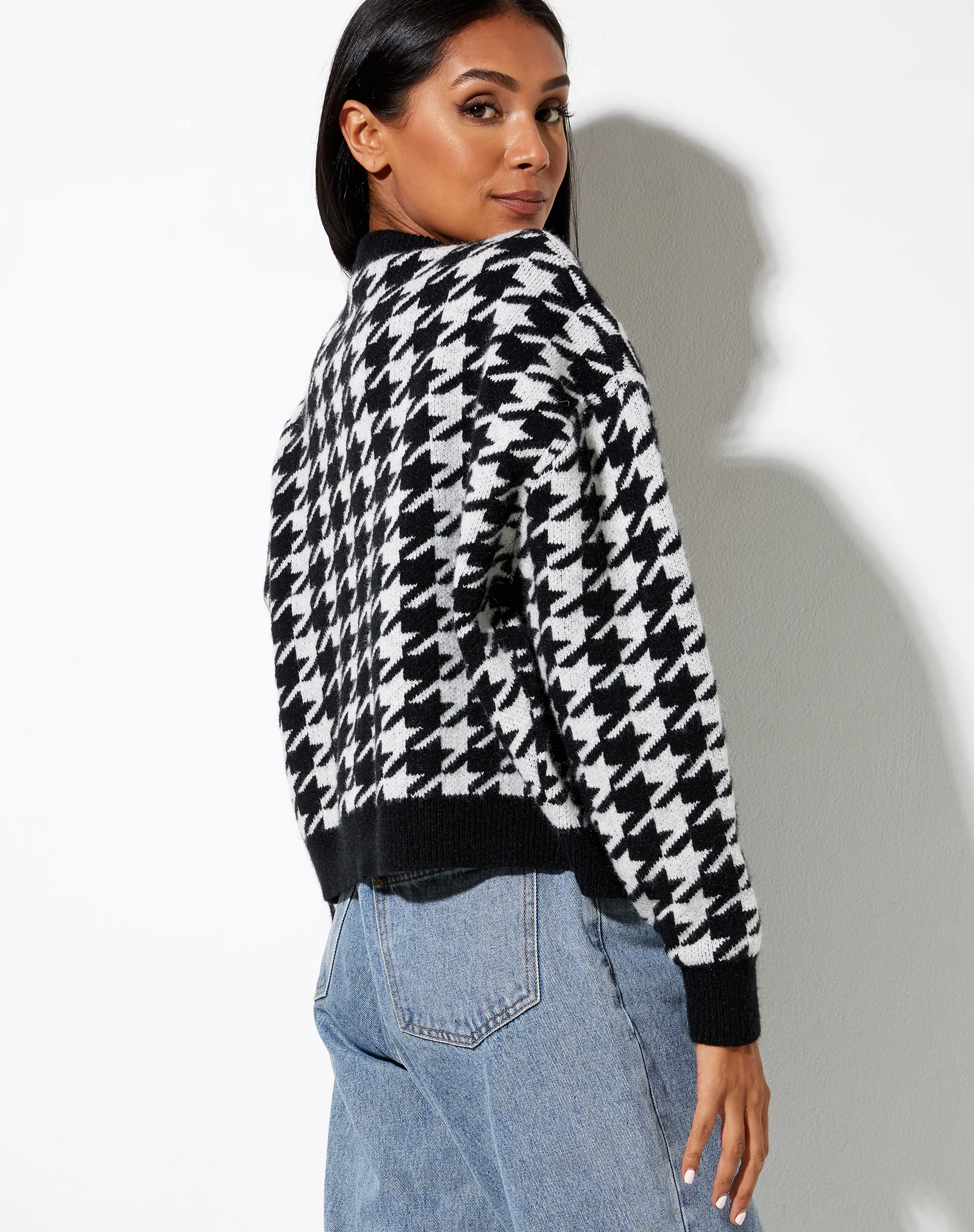 Margo Jumper in Knit Houndstooth Black and Ivory - Awmao