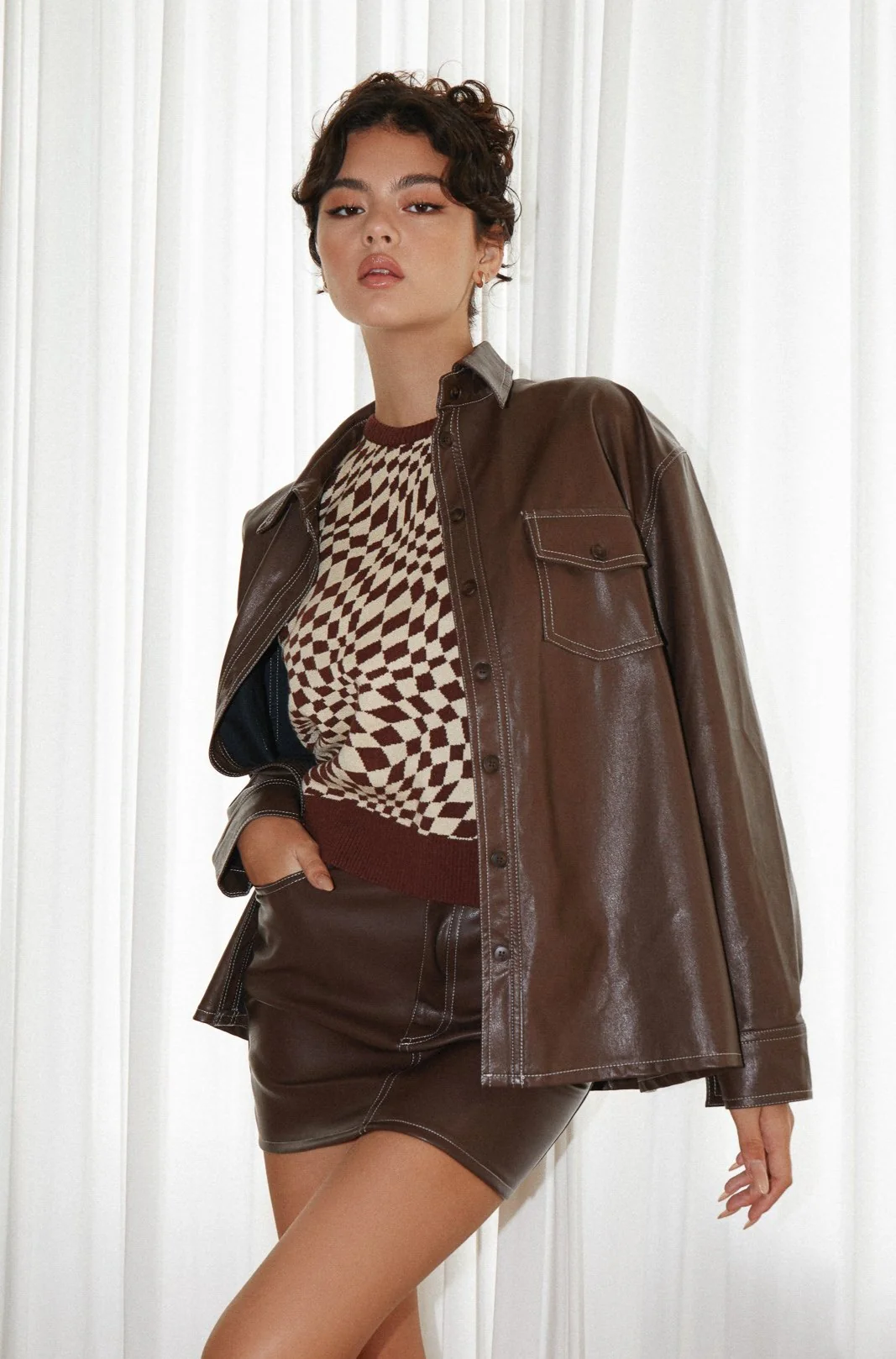 Kancana Shirt in PU Bitter Chocolate with Ivory Stitching - Awmao