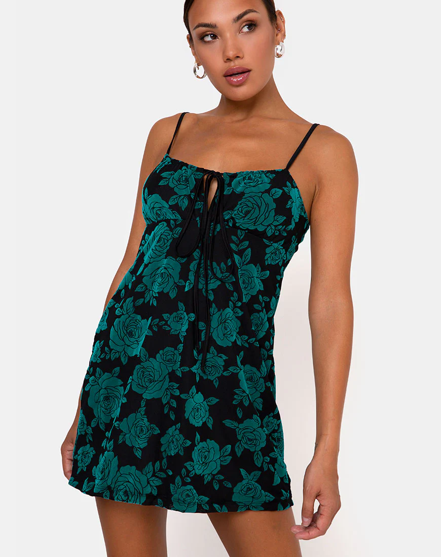 Kumala Dress in Romantic Rose Flock Teal - Awmao