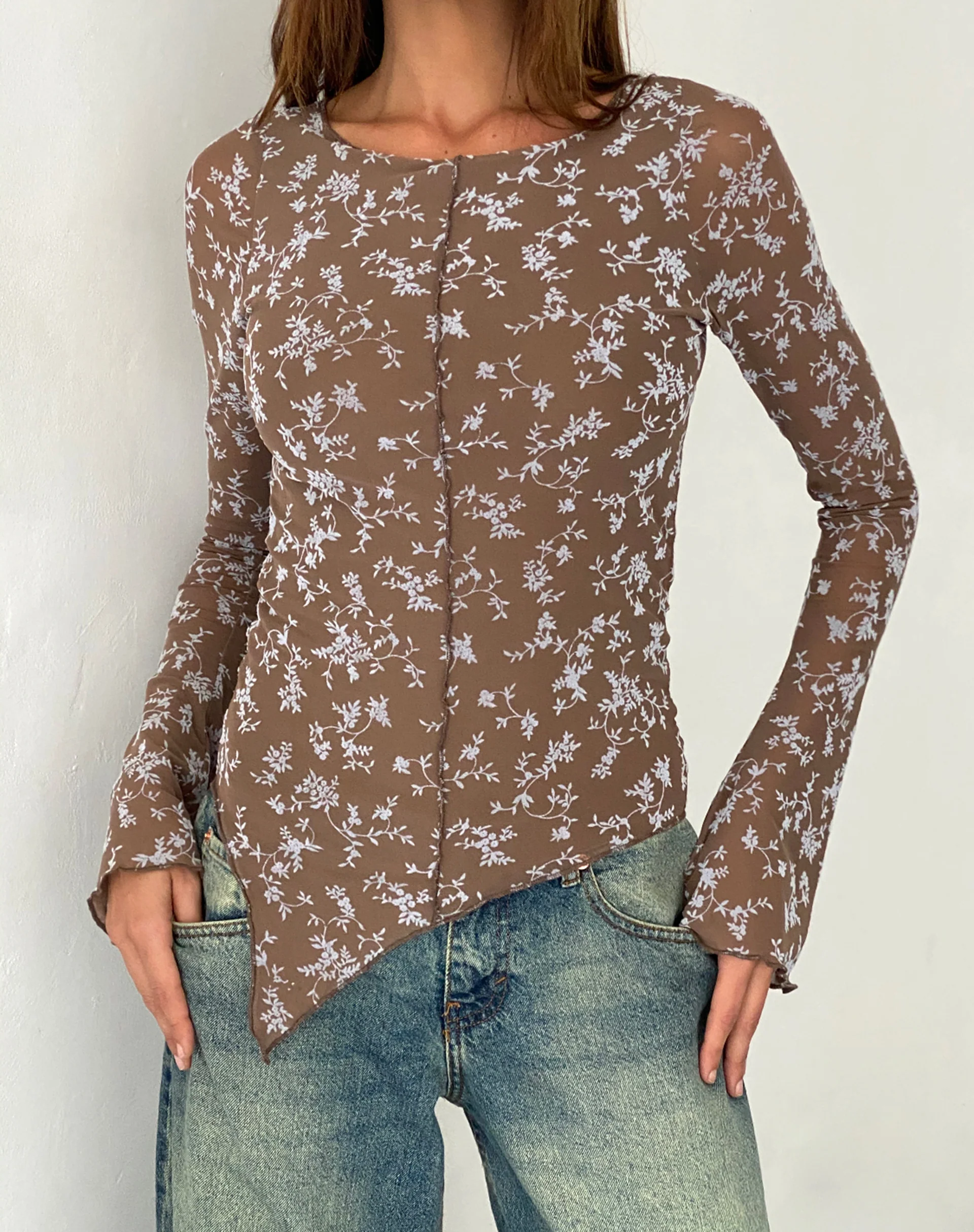 Zest Mesh Long Sleeve Top in Botanist Flock Dark Taupe - Awmao