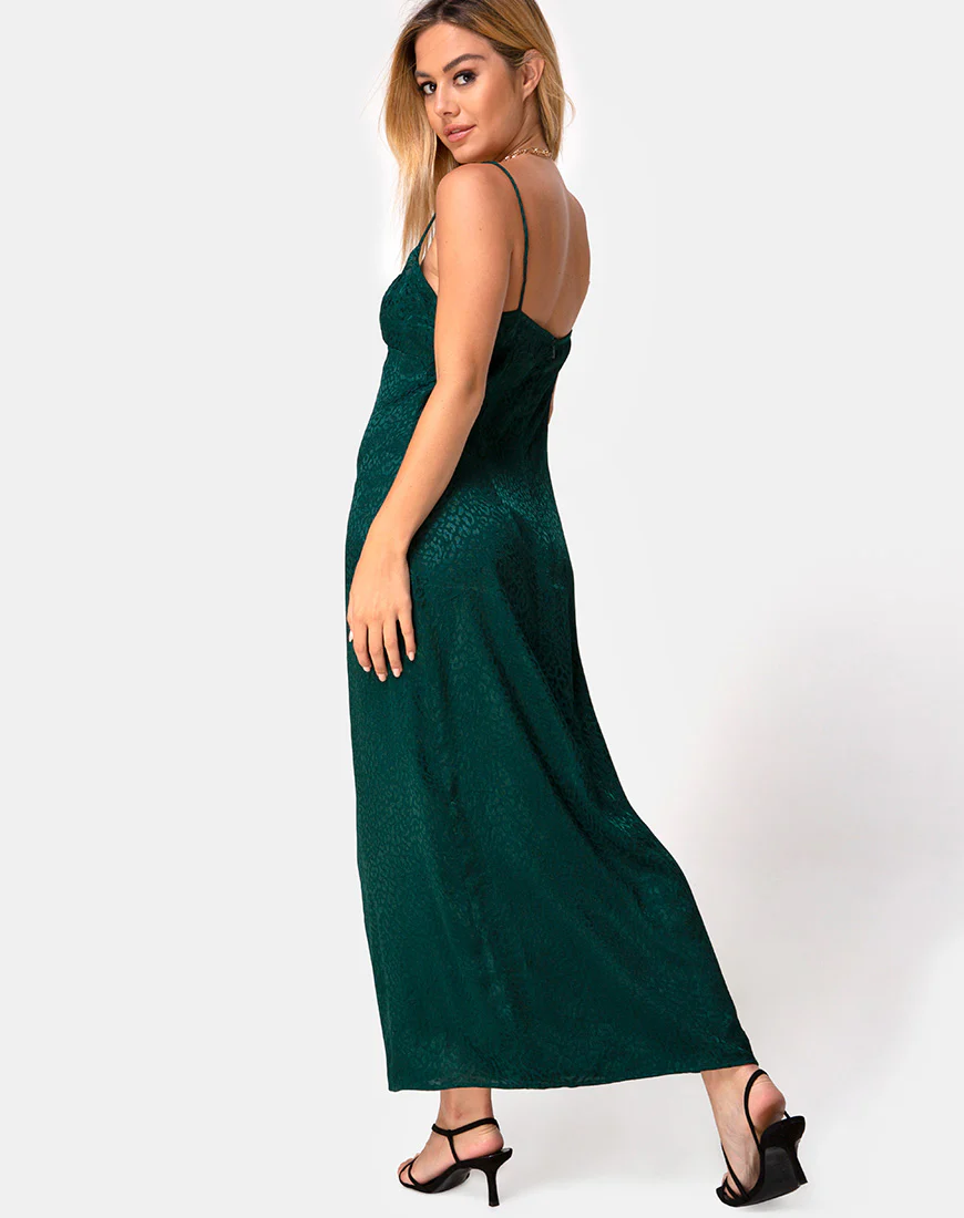 Gaela Slip Dress in Satin Cheetah Forest Green - Awmao