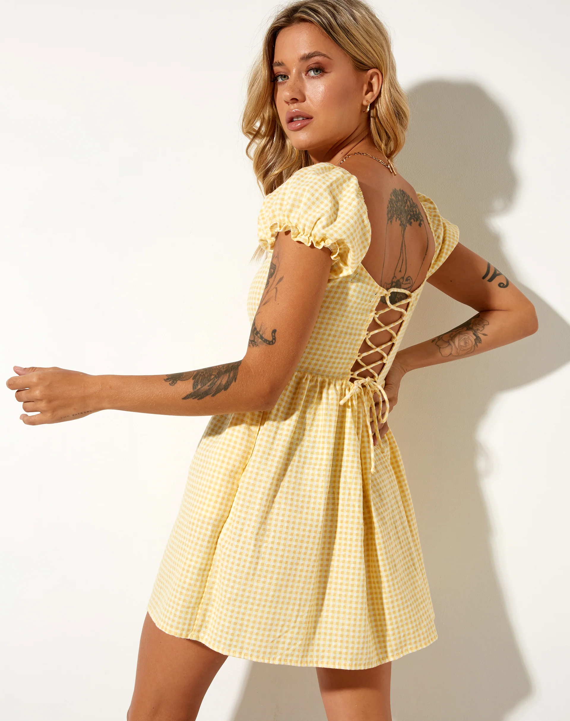 Saunder Skater Dress in Lemon Gingham Yellow - Awmao