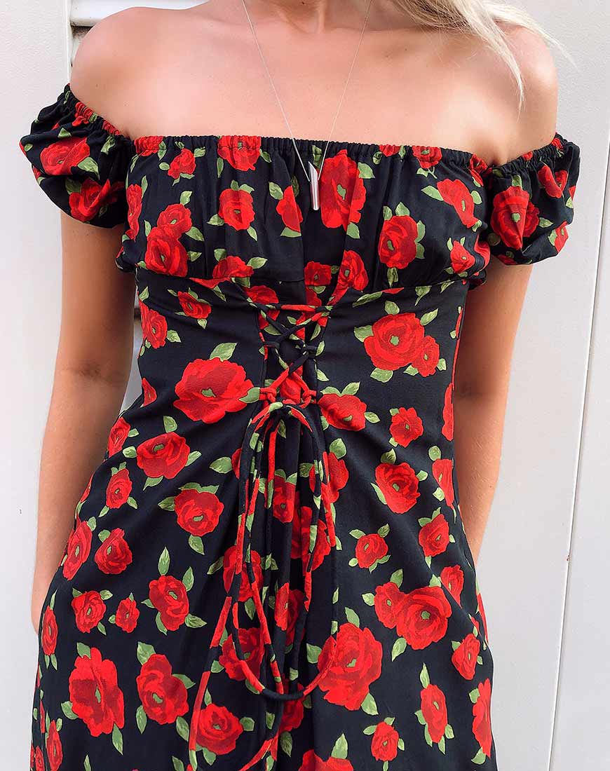 Ruzenta Mini Dress in Roaming Rose Black - Awmao
