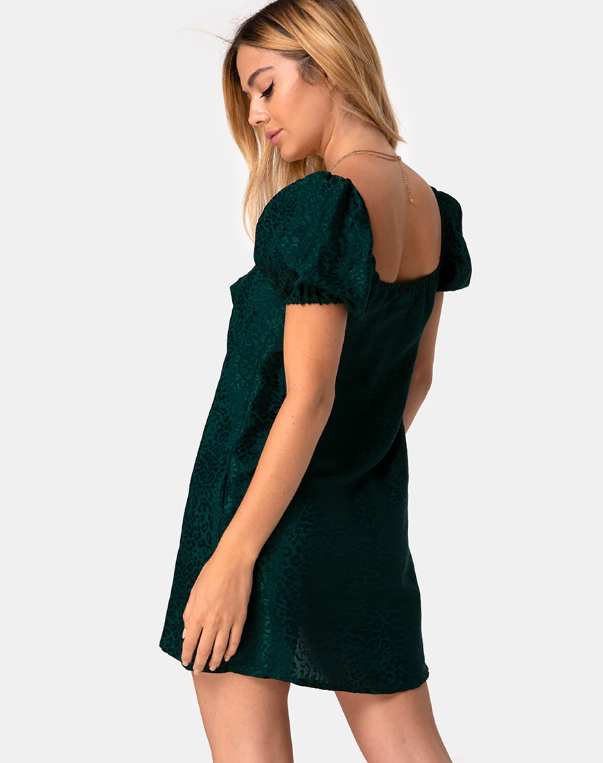 Ropelle Dress in Satin Cheetah Forest Green - Awmao