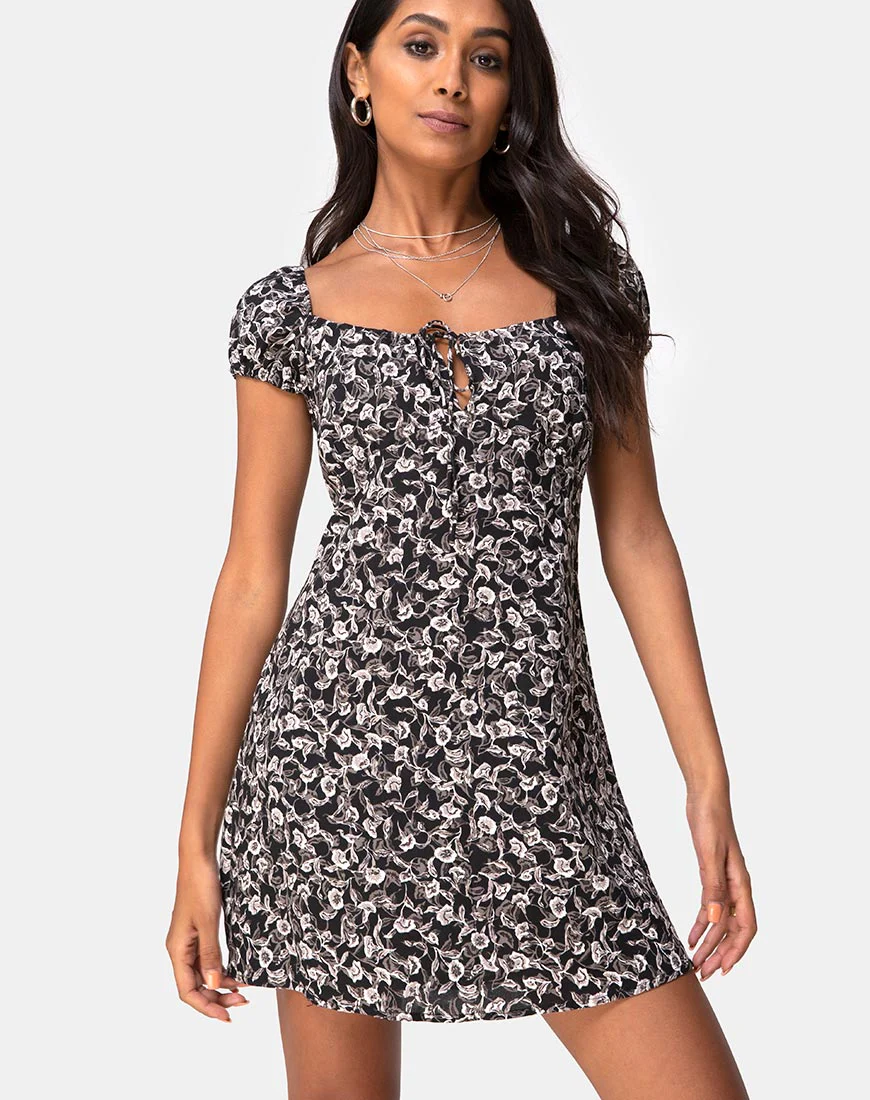 Gaval Mini Dress in Wild Tulip Black - Awmao