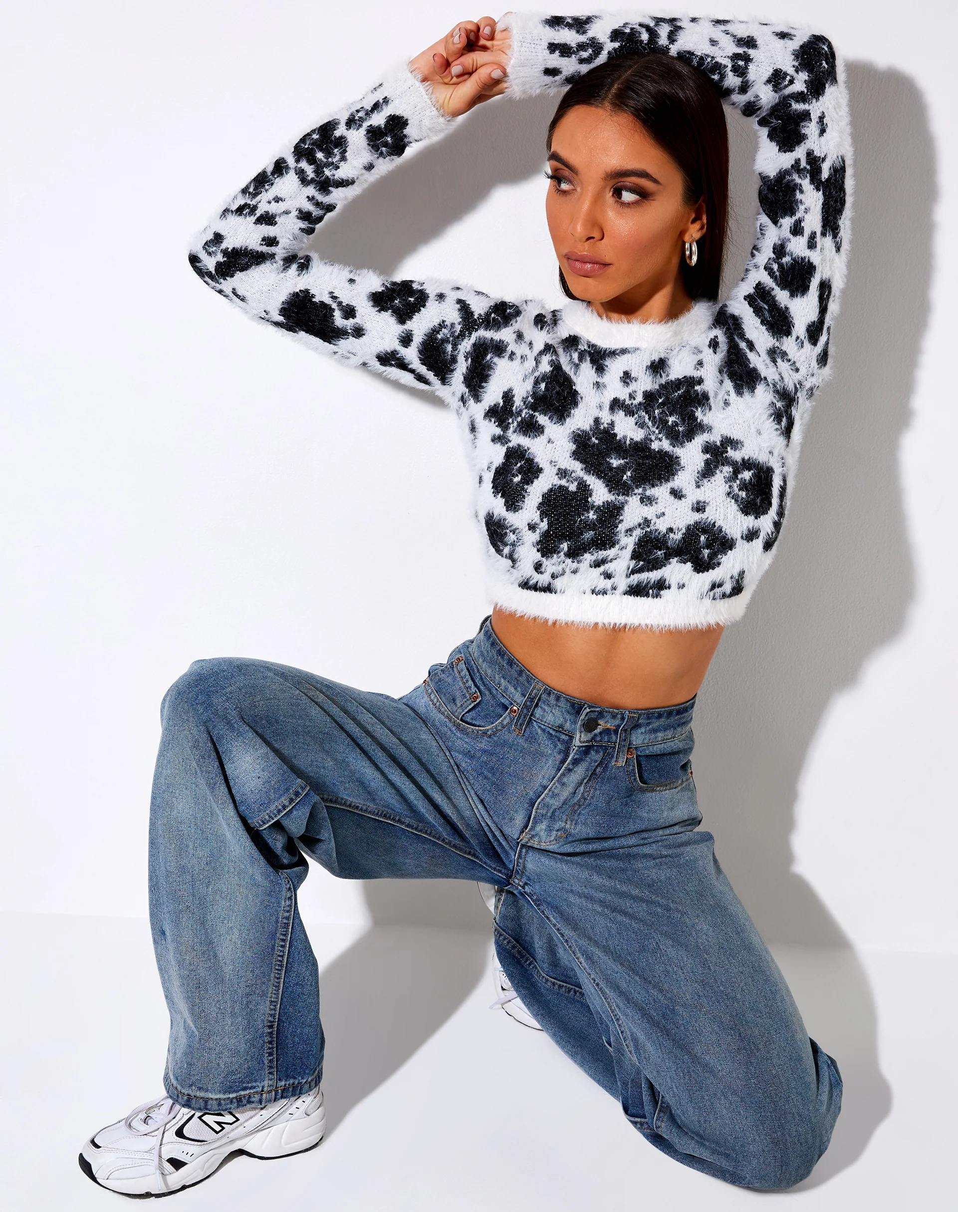 Gail Jumper in Fluffy Knit Cow Hide Black and White - Awmao