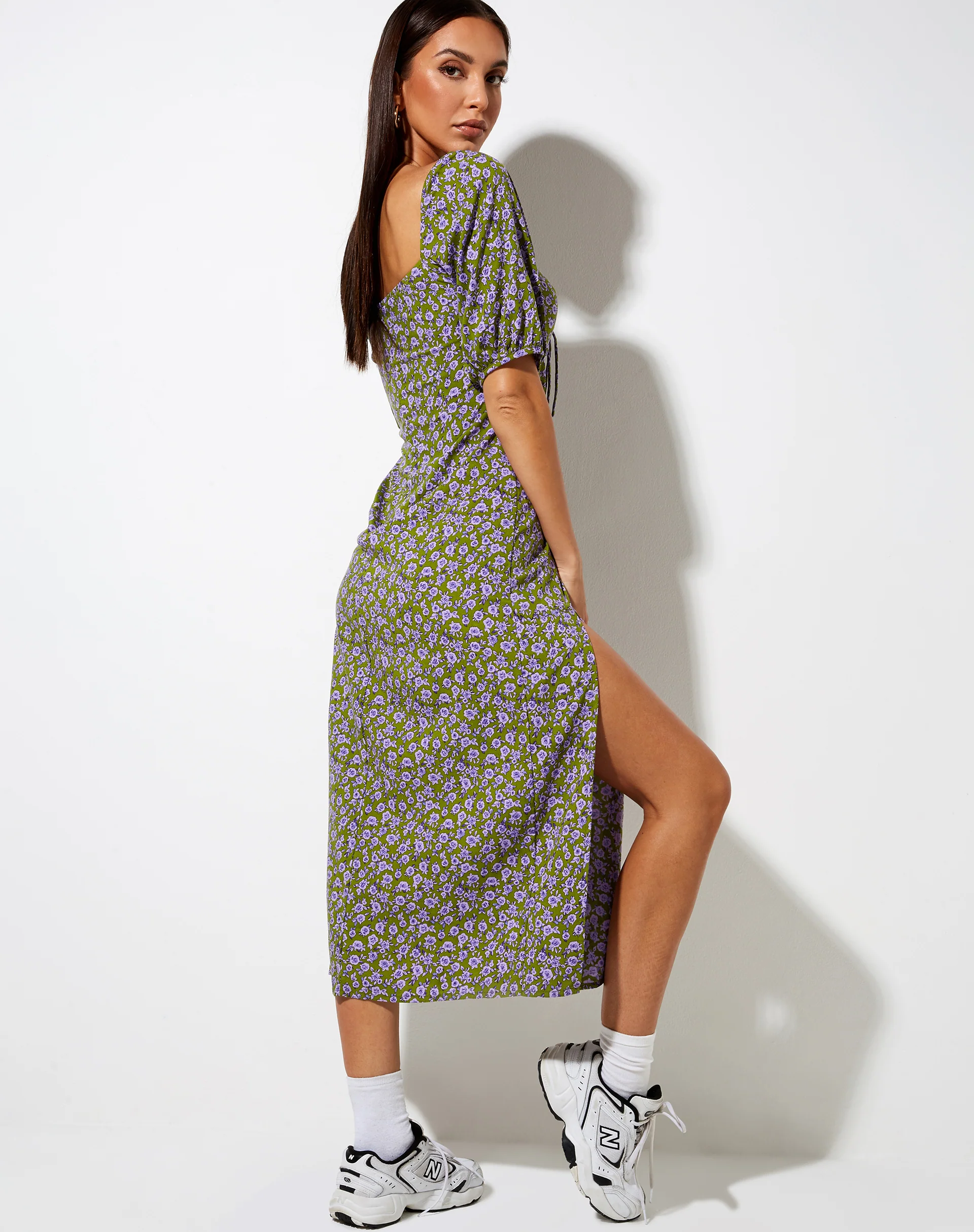 Lourgia Midi Dress in Autumn Blossom Khaki - Awmao