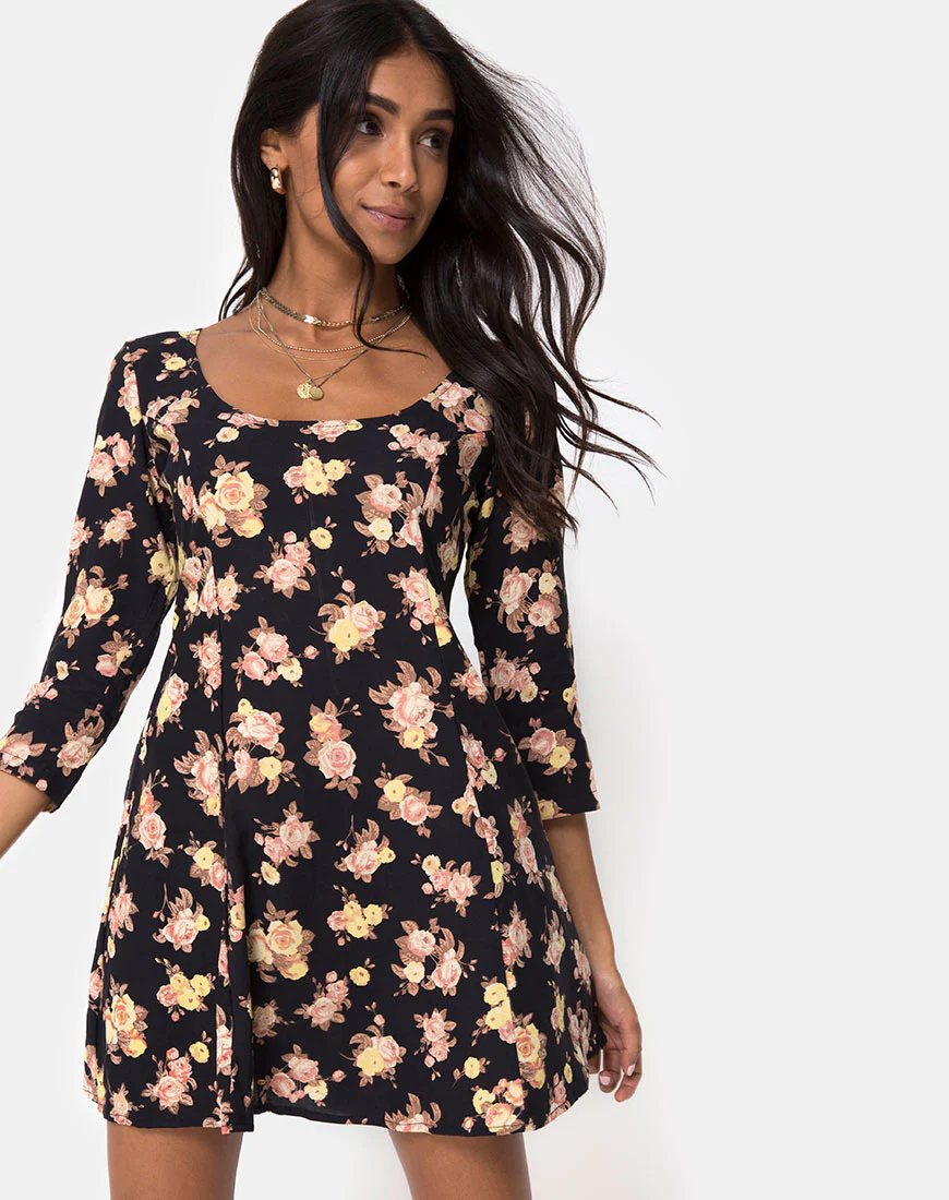 Camosa Swing Dress in Antique Rose Black - Awmao