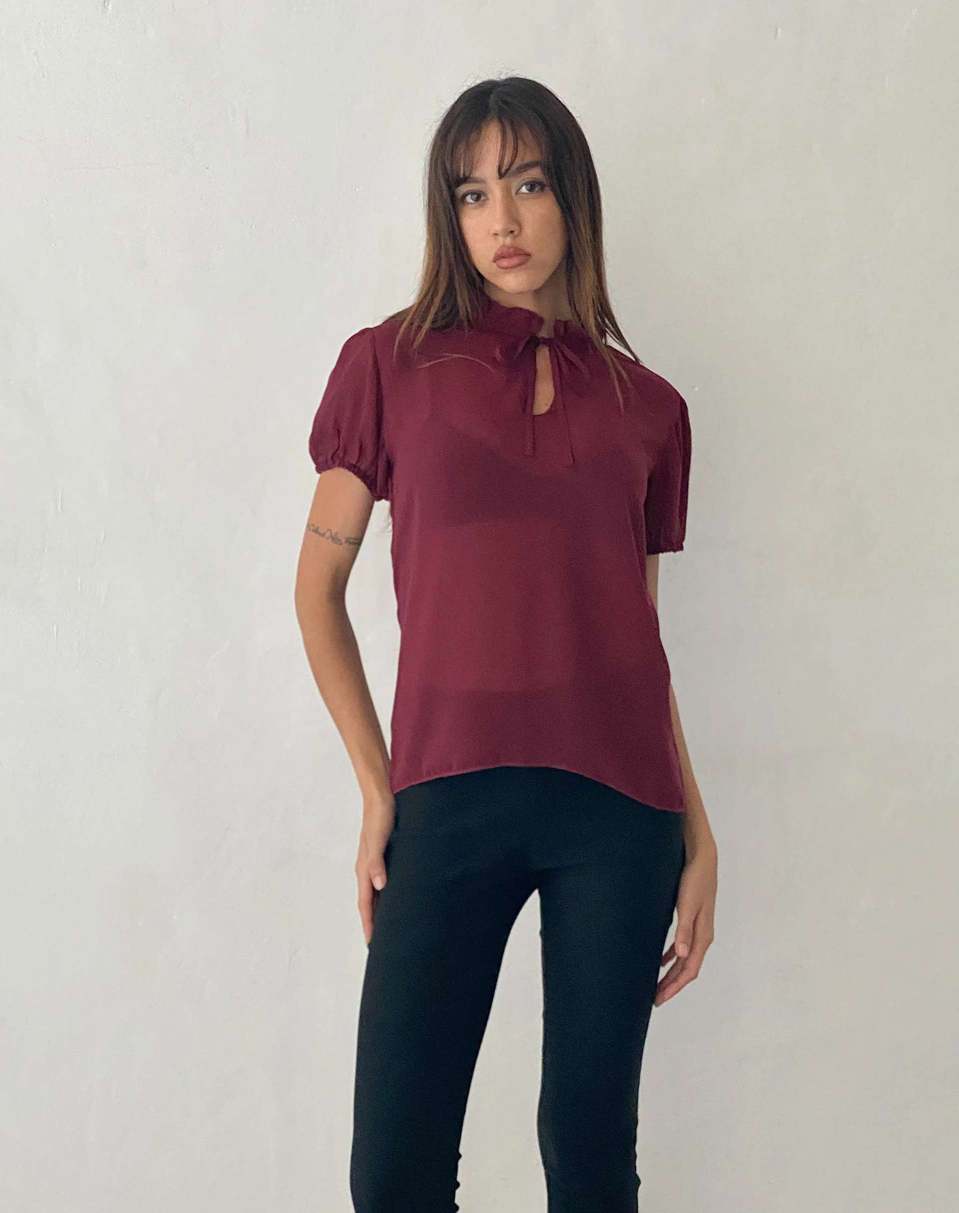 Enzo High Neck Blouse in Oxblood Chiffon - Awmao