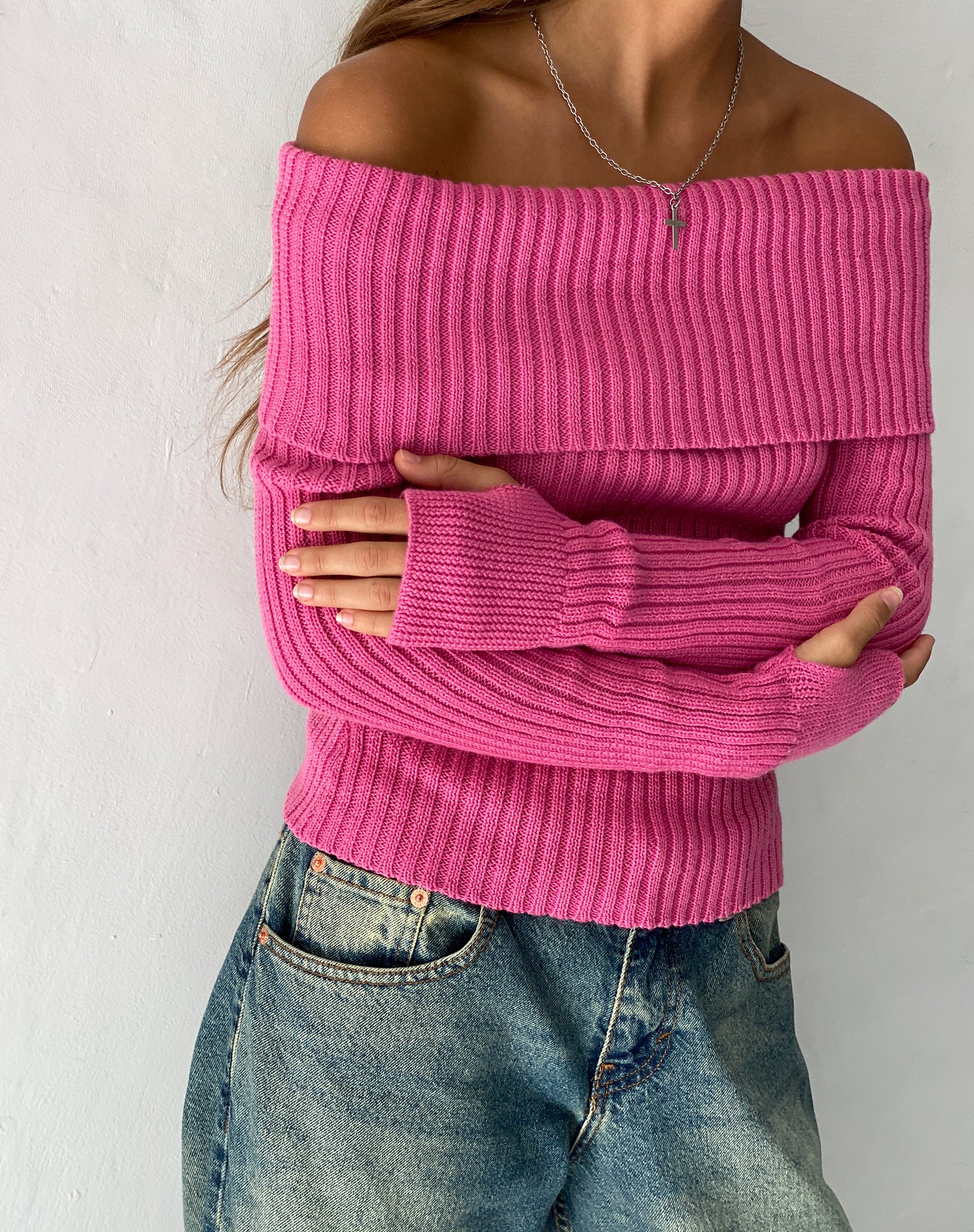 Circe Off-Shoulder Long Sleeve Knit Top in Hot Pink - Awmao