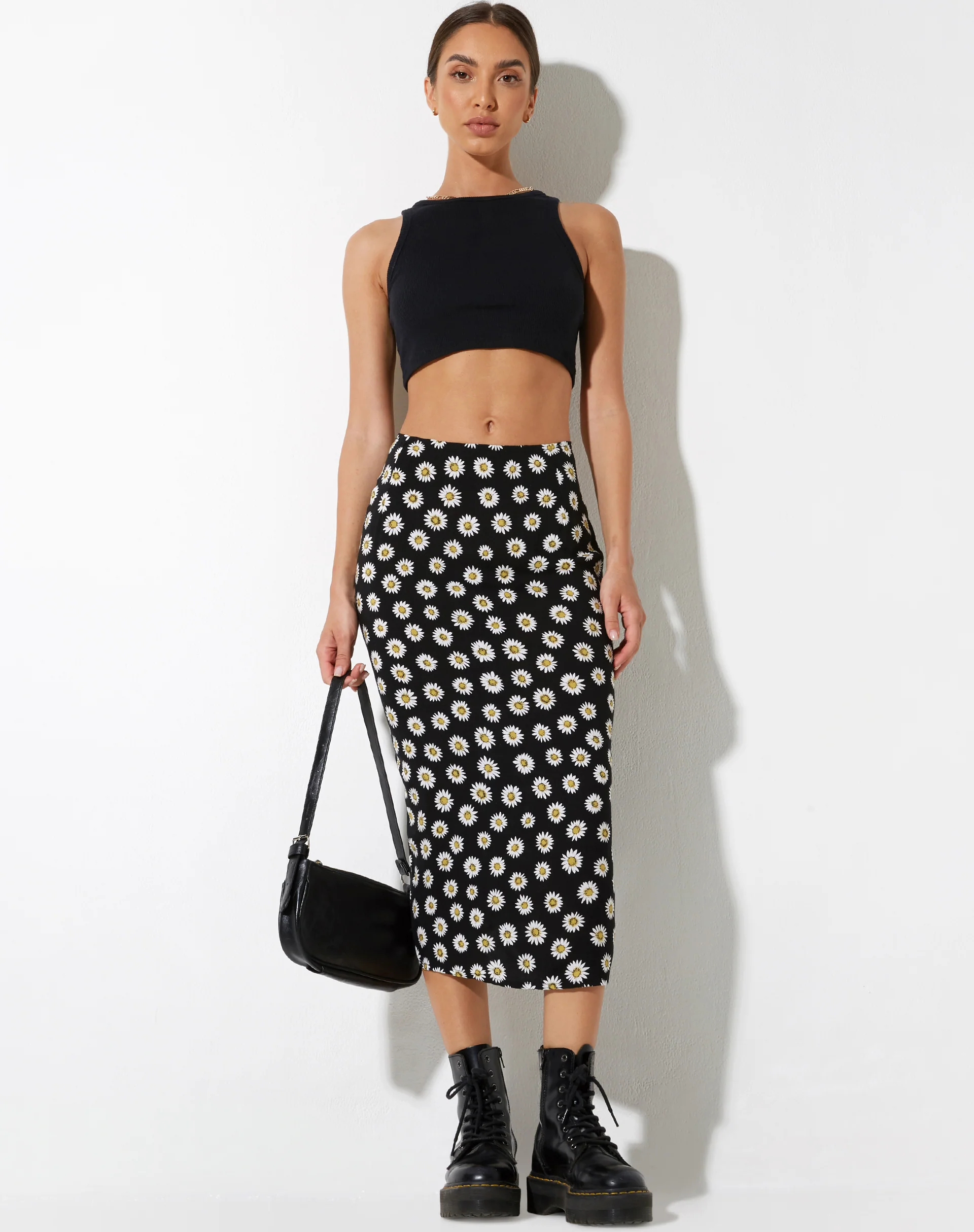 Harriet Midi Skirt in Grunge Daisy Black - Awmao