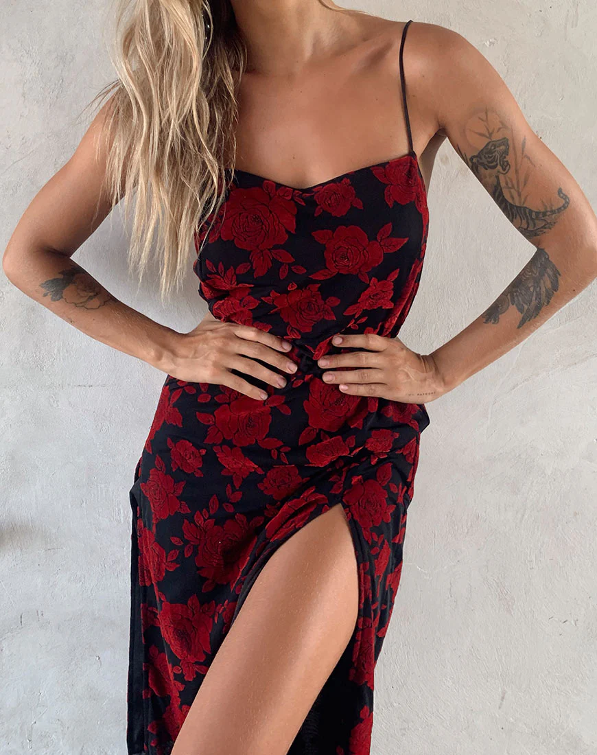 Daxita Dress in Romantic Red Rose Flock - Awmao