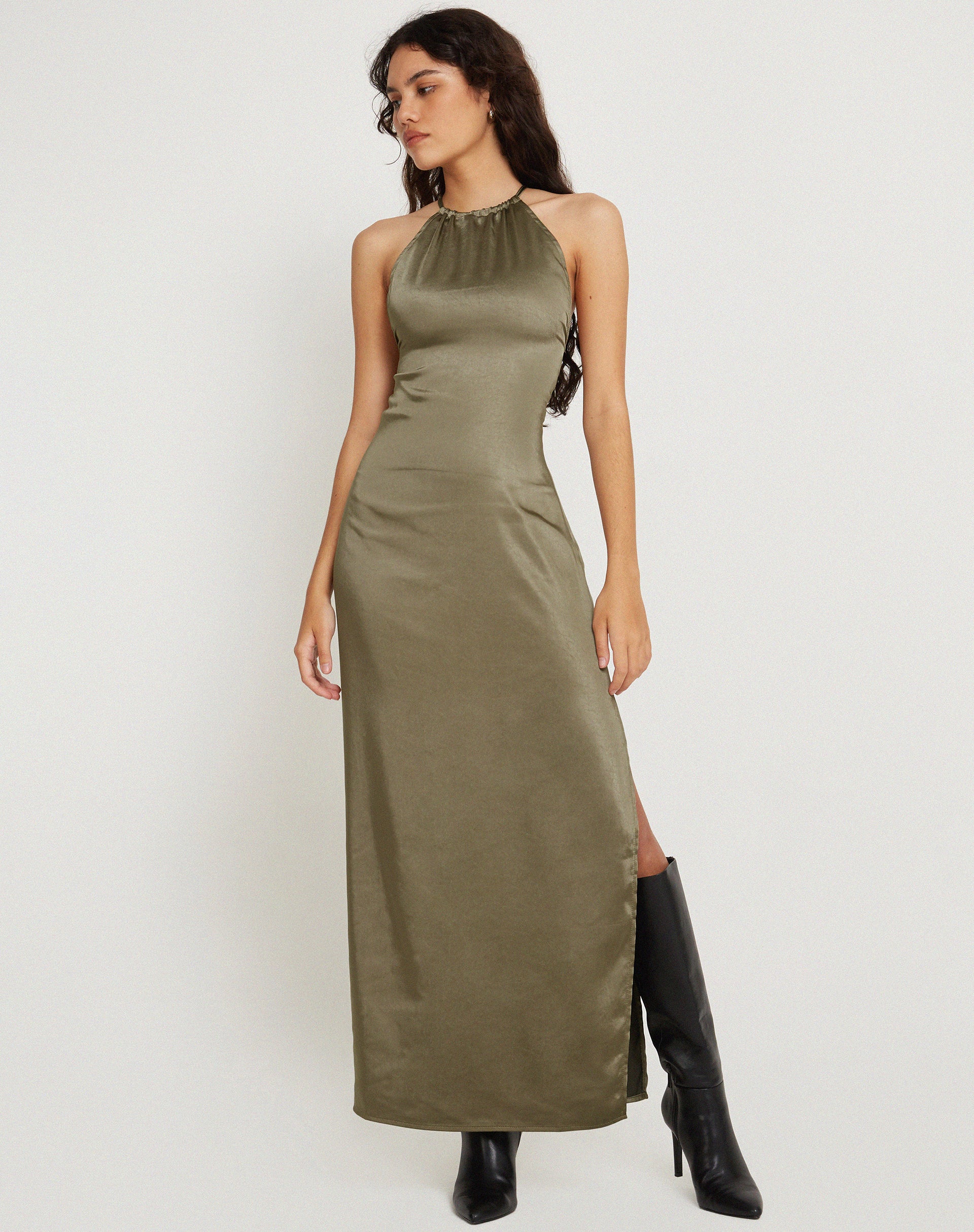 Salazar Halter Neck Maxi Dress in Satin Dark Olive - Awmao