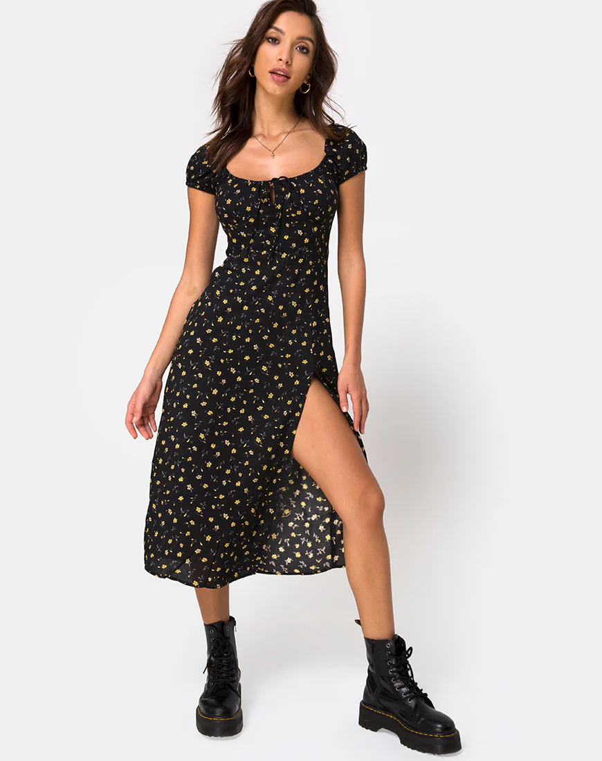 Milla Midi Dress in Pretty Petal Black - Awmao