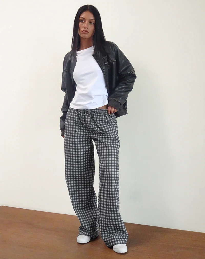 Wasic Wide Leg Linen Trouser in Tonal Black and Grey Gingham - Awmao