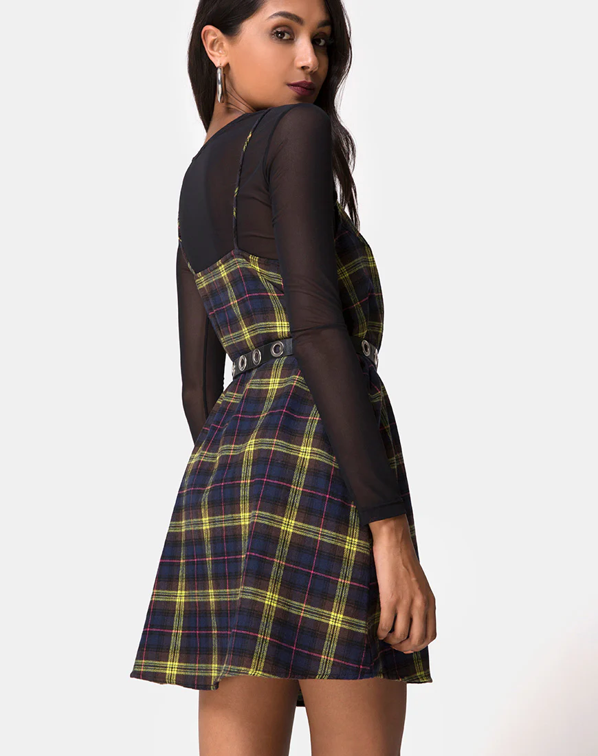 Sanna Slip Dress in Plaid Brown Yellow Check - Awmao