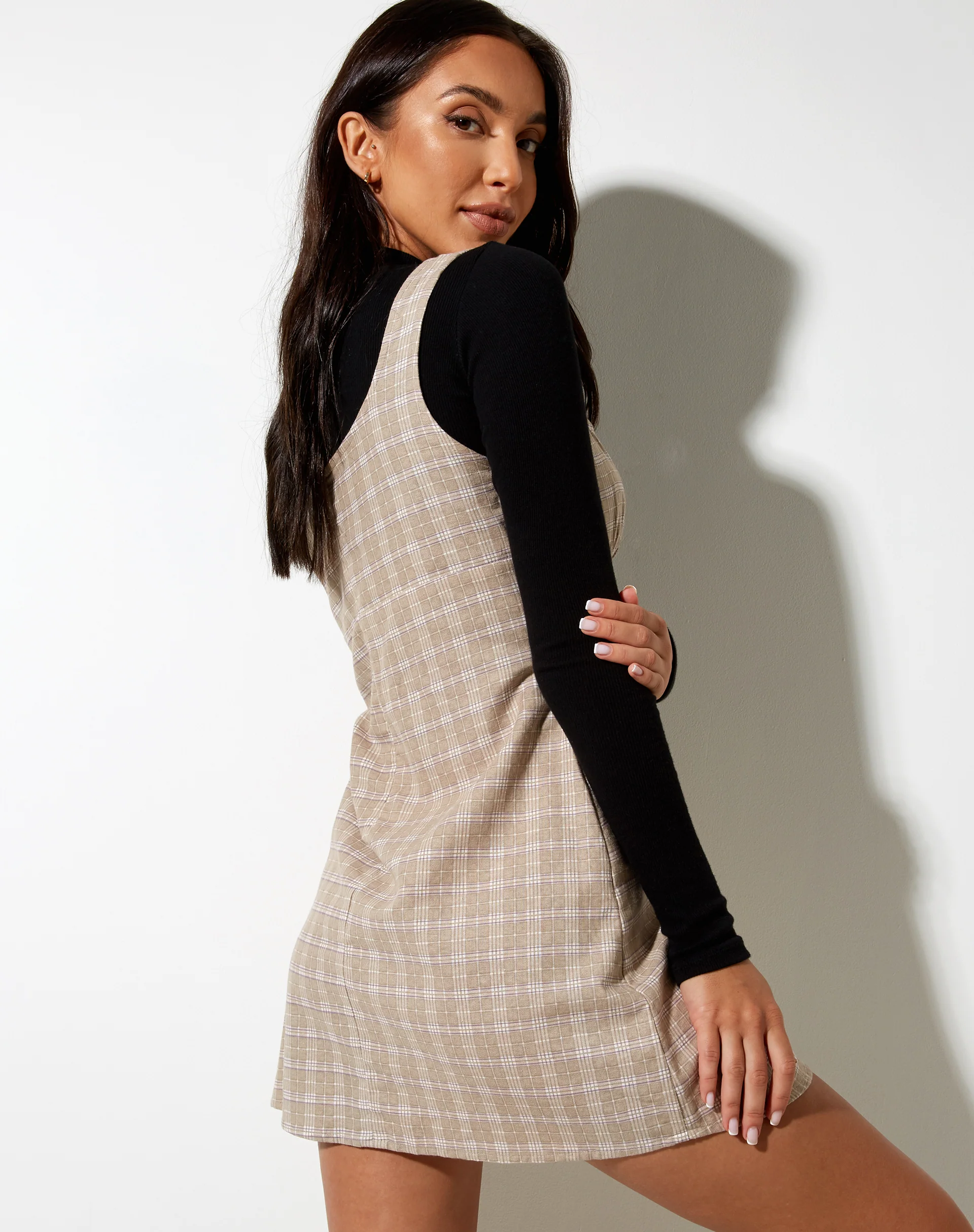 Mehra Mini Dress in Taupe Check - Awmao