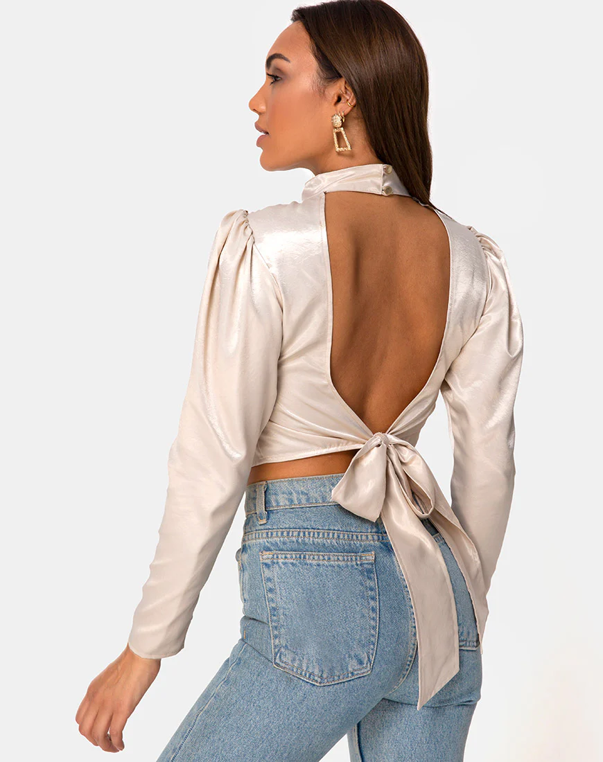 Lona Longsleeve Top in Satin Cream - Awmao