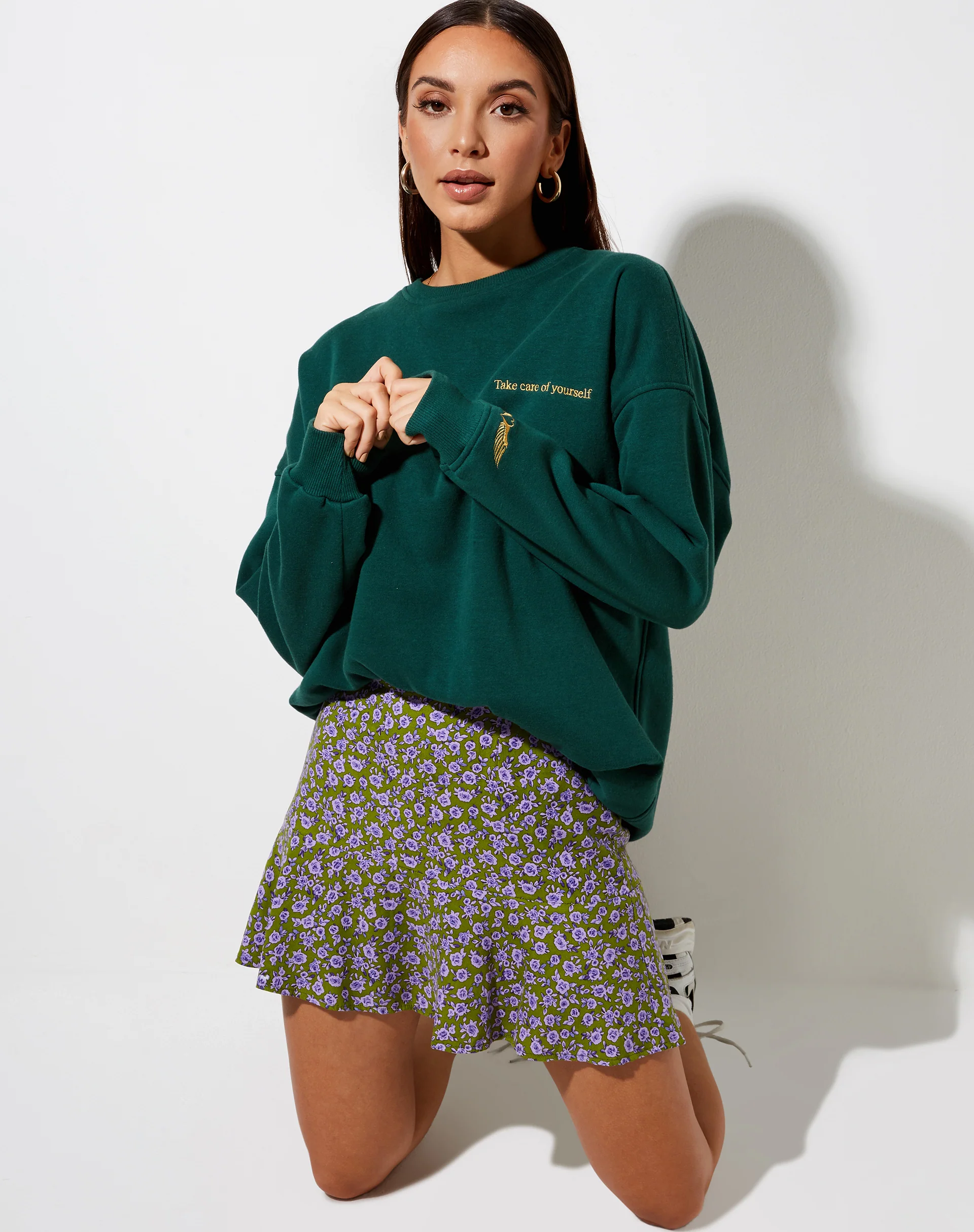 Gaelle Mini Skirt in Autumn Blossom Khaki - Awmao