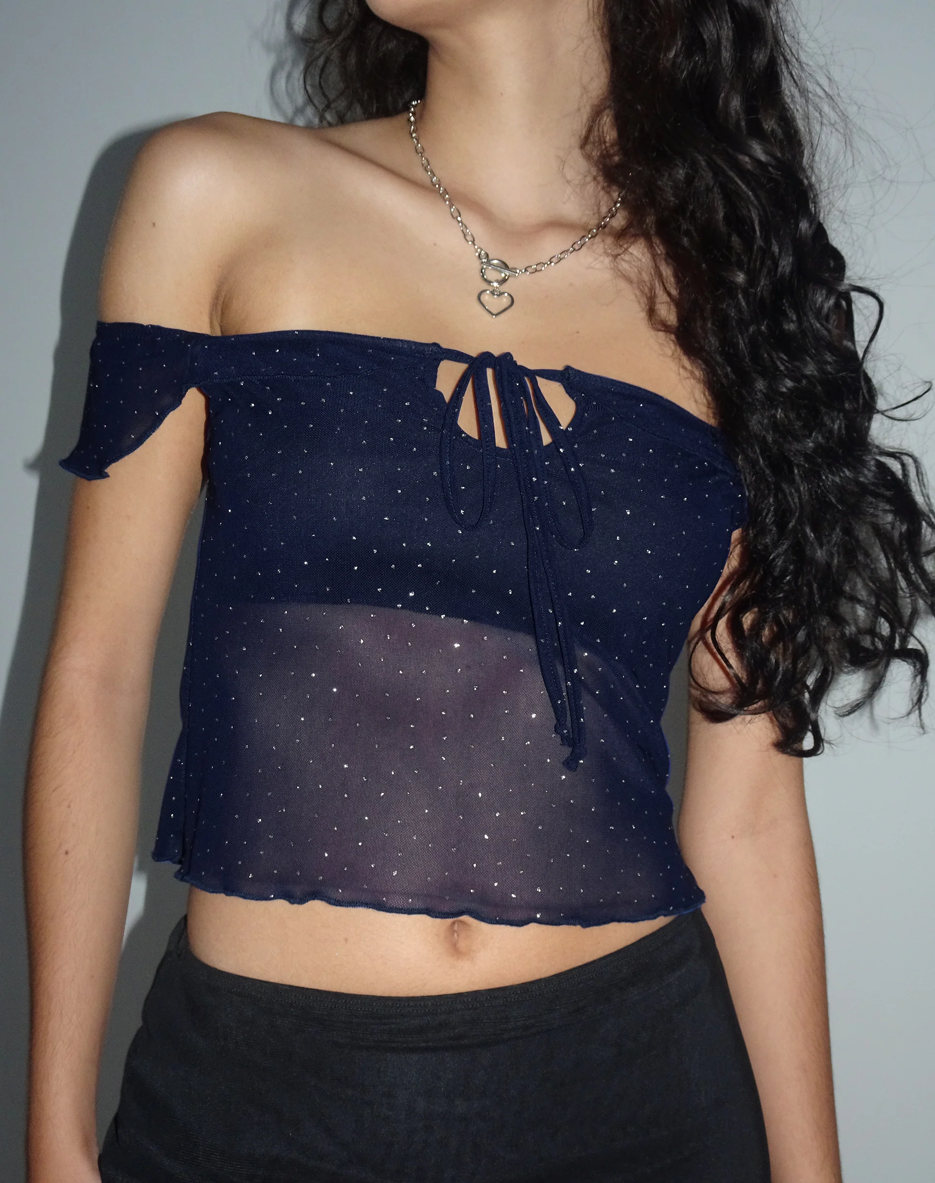 Nabil Bardot Crop Top in Mesh Navy - Awmao