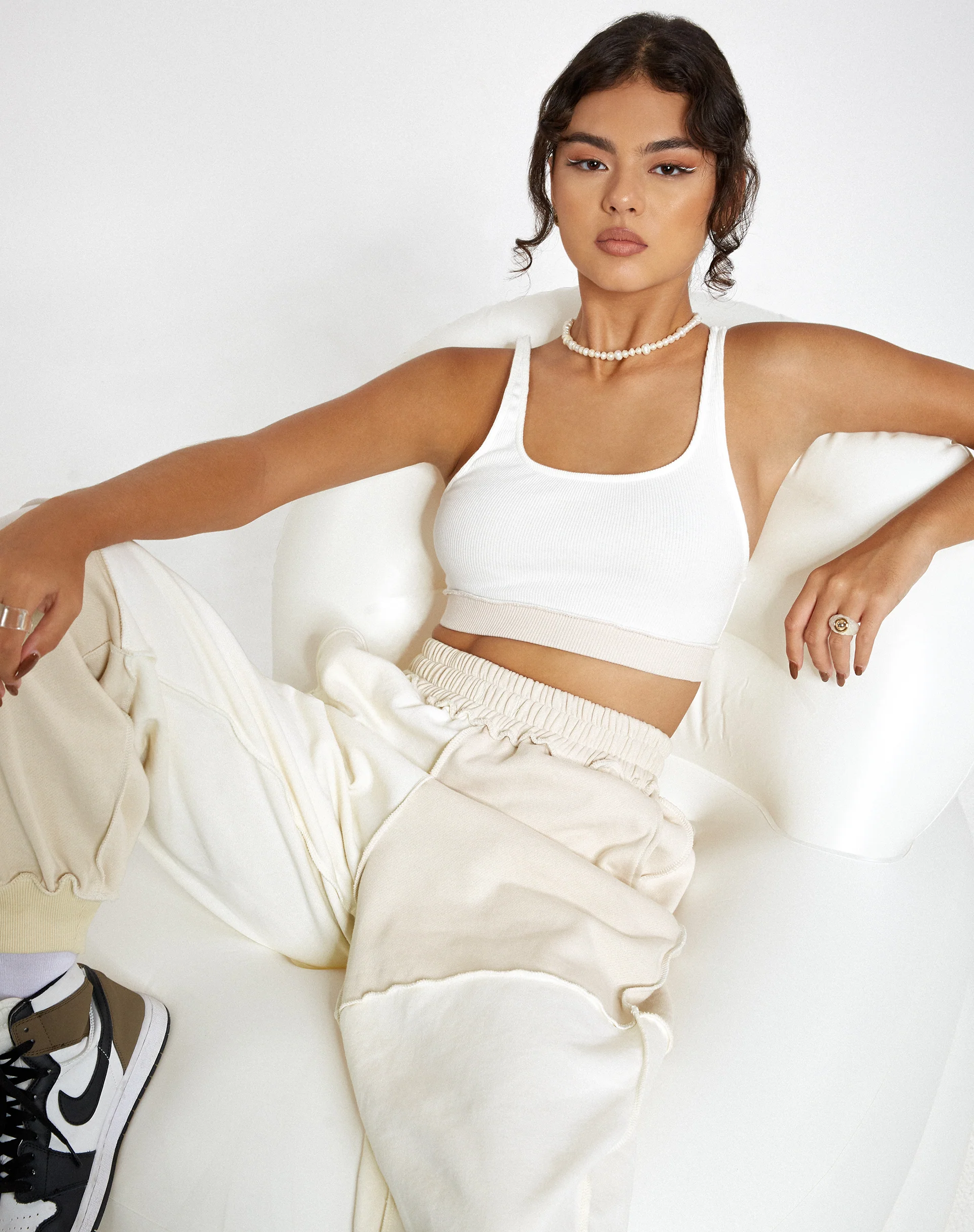 Ricci Crop Top in Panelled Ivory and Winter White - Awmao
