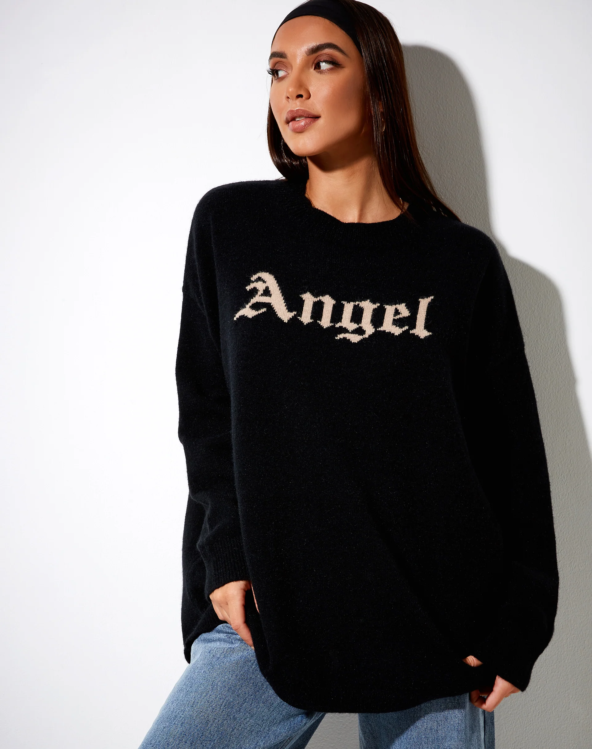 Lulees Jumper in Knit Black with 'Angel' in Cream - Awmao