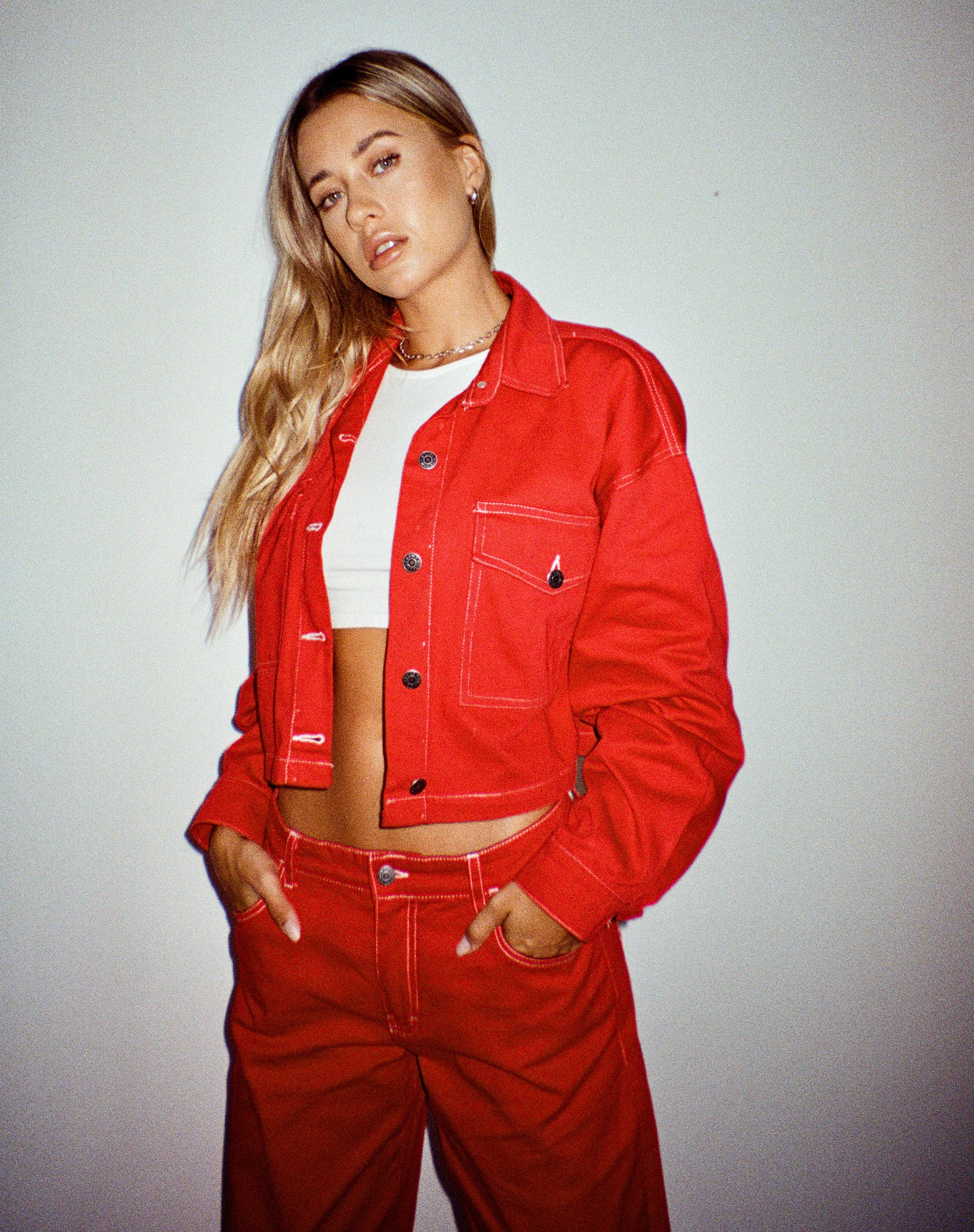 Boxy Denim Jacket in Racing Red with White Stitch - Awmao