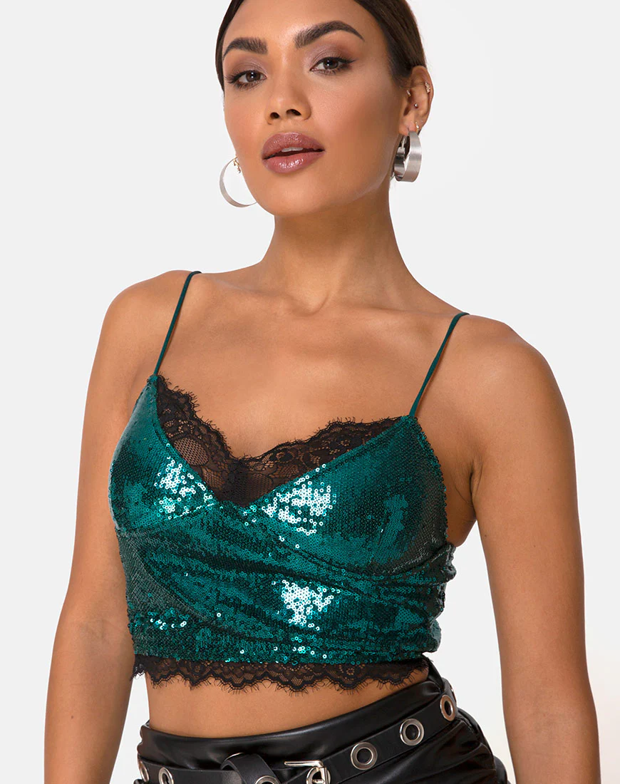 Drilly Top in Teal Mini Sequin With Black Lace - Awmao