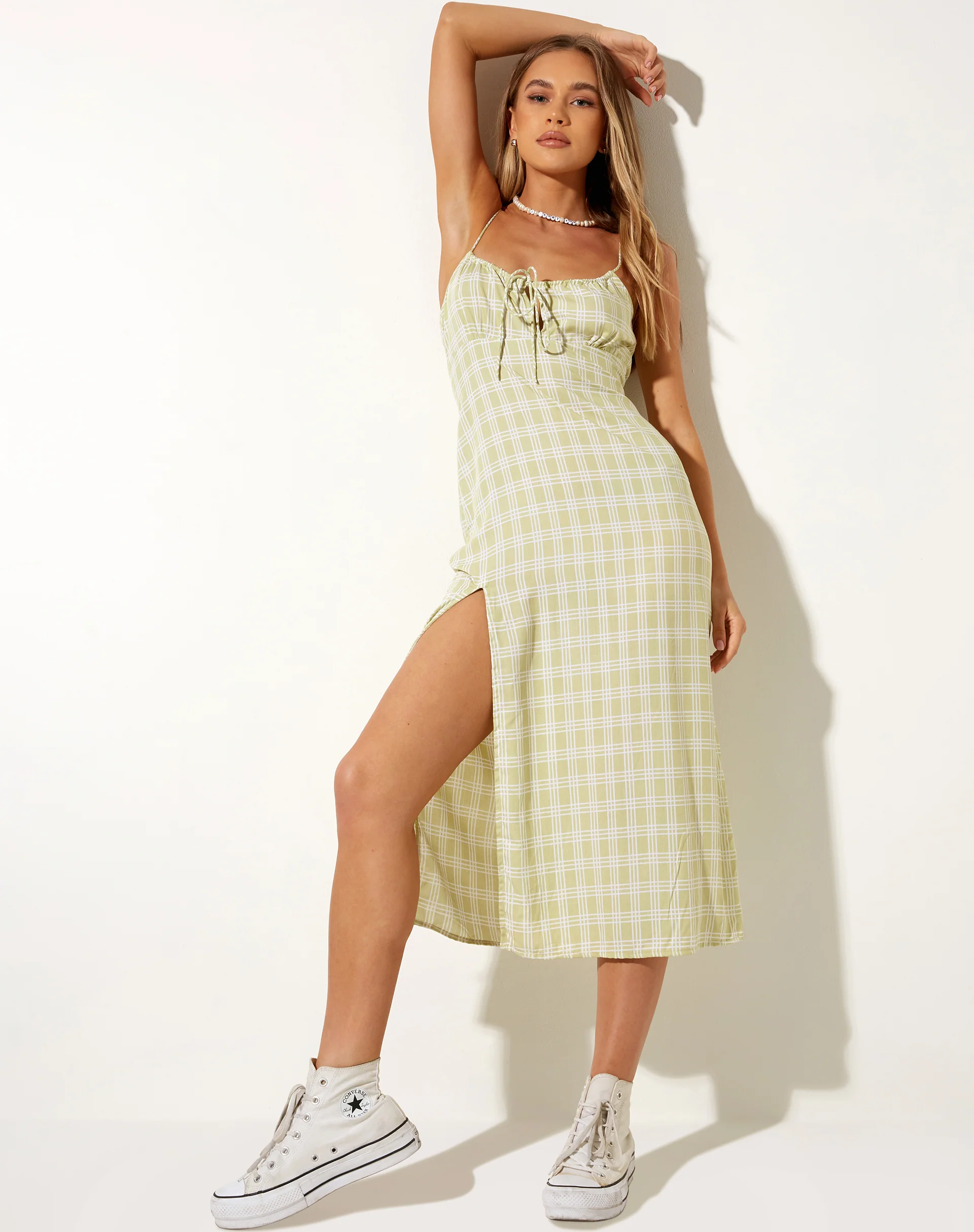 Cypress Midi Dress in Sage Check - Awmao
