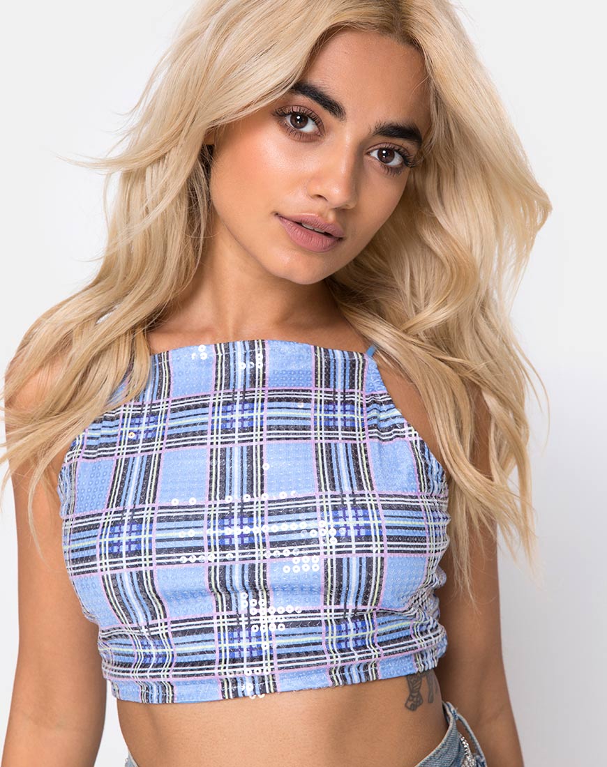 Barilla Crop Top in 90's Check with Clear Sequin - Awmao