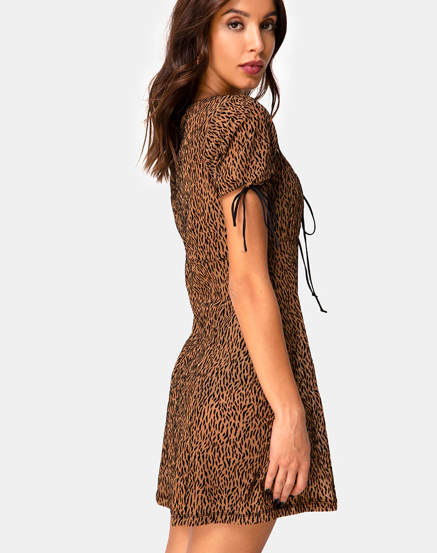 Guenette Dress in Animal Flock Tan Net - Awmao